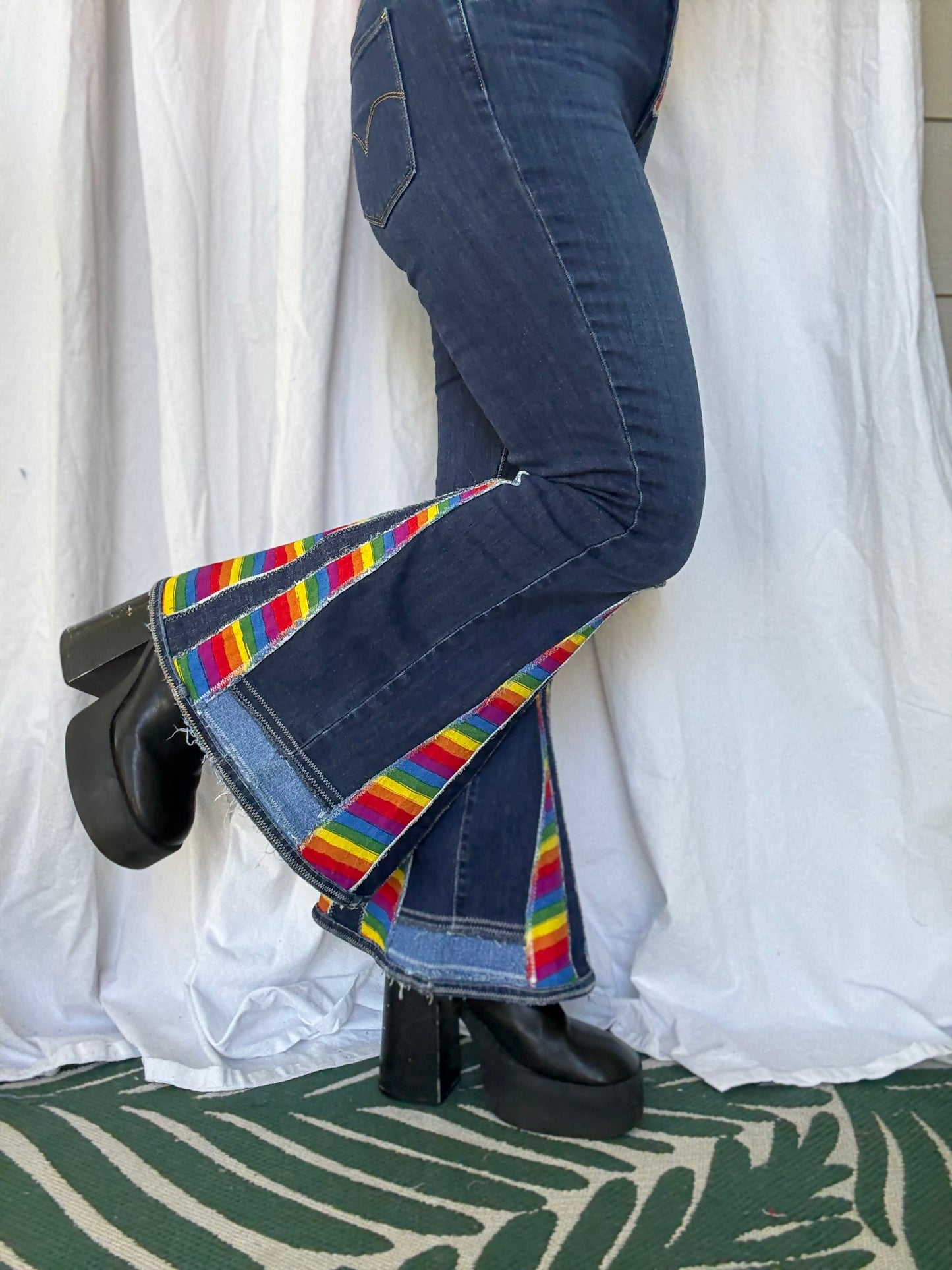 Rainbow Bell Bottom Jeans (size 10) – Bold Retro Pride Pants