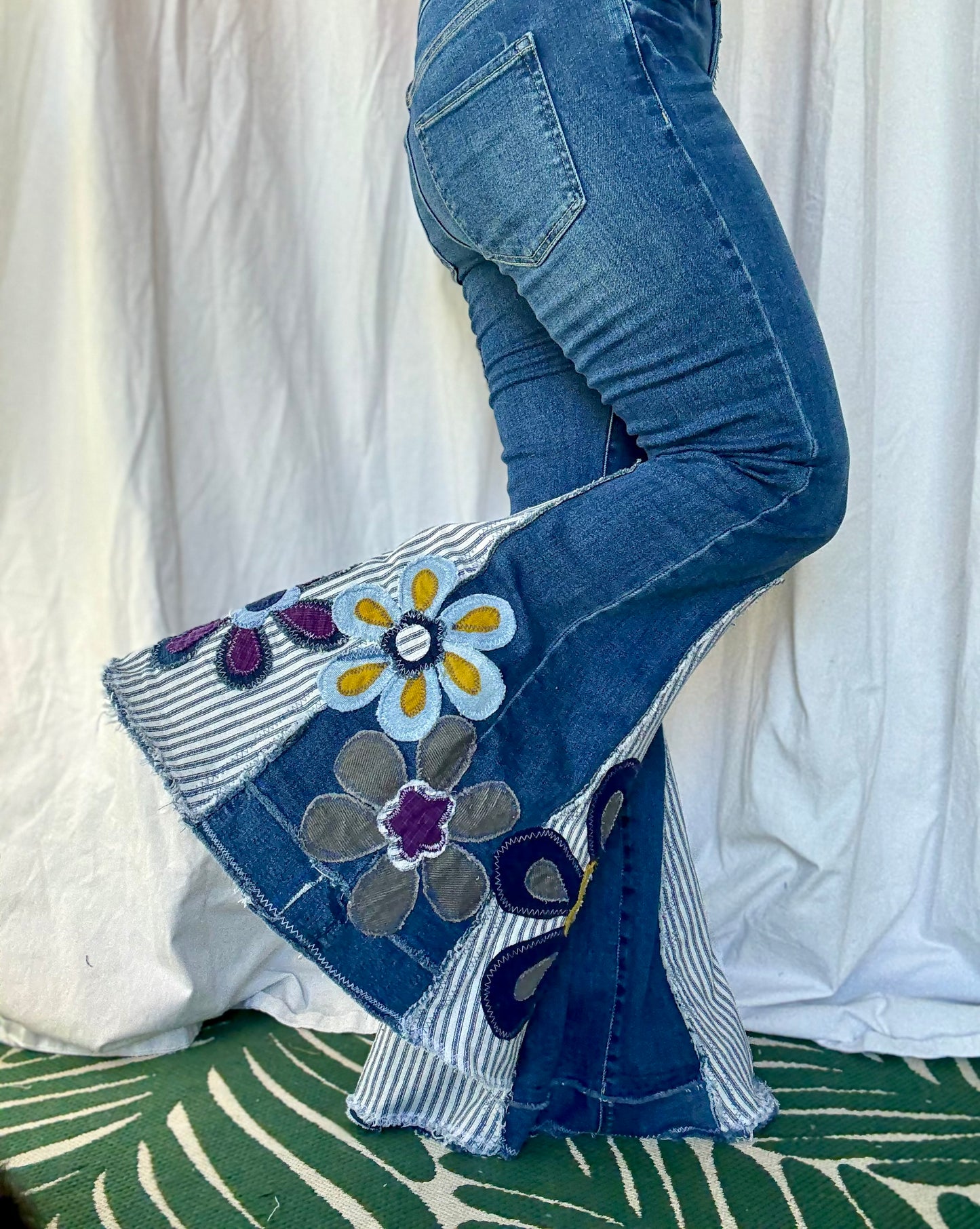 Floral Bell Bottom Jeans – Purple Petal & Stripe Design (Size 12)