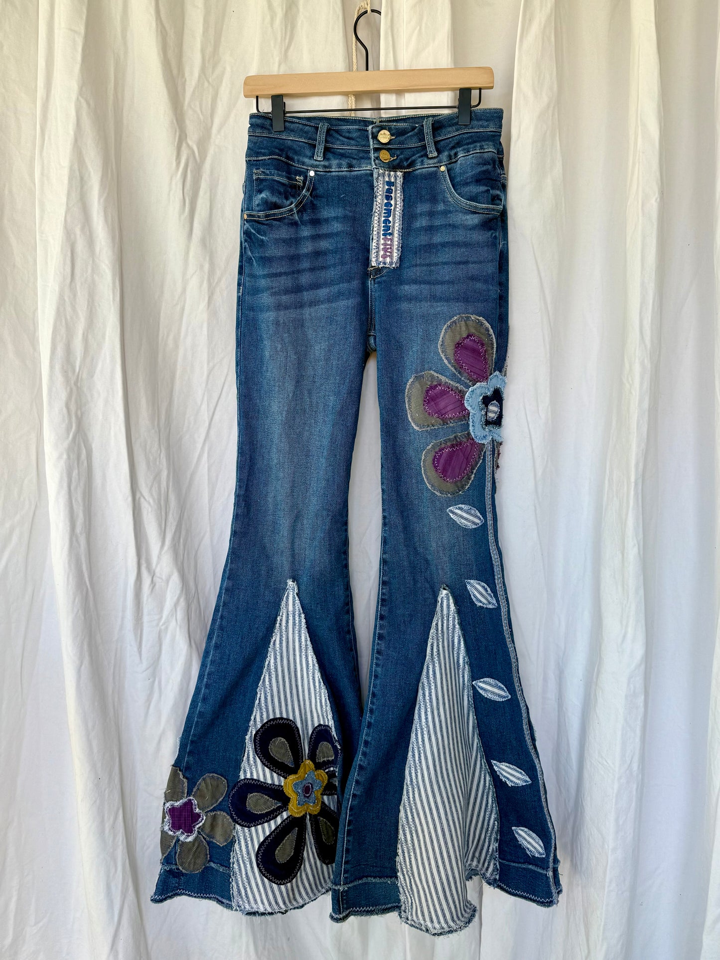 Floral Bell Bottom Jeans – Purple Petal & Stripe Design (Size 12)