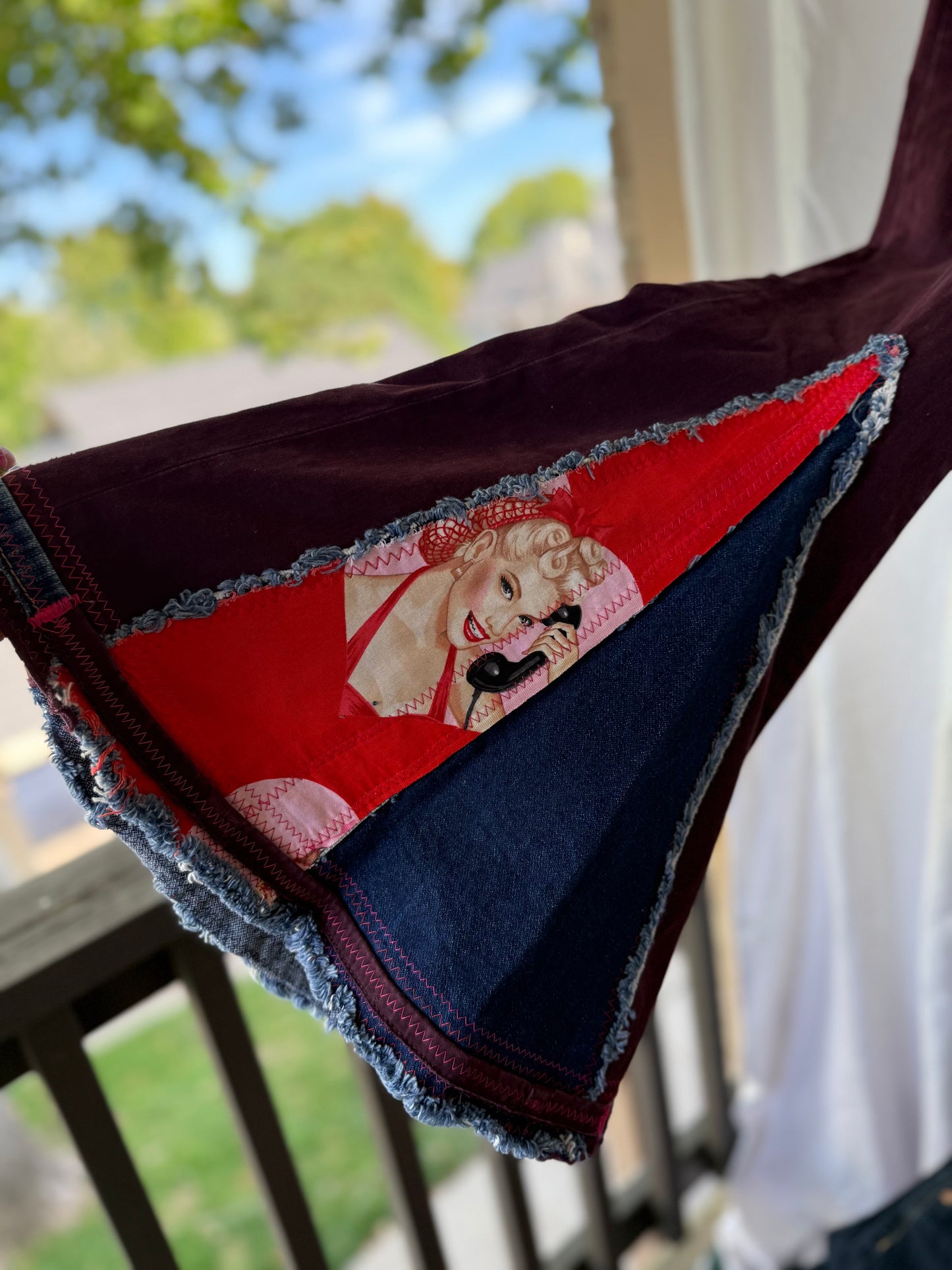 Burgundy Pin-Up Bell Bottom Jeans (size 8)– Retro Glam Statement Pants
