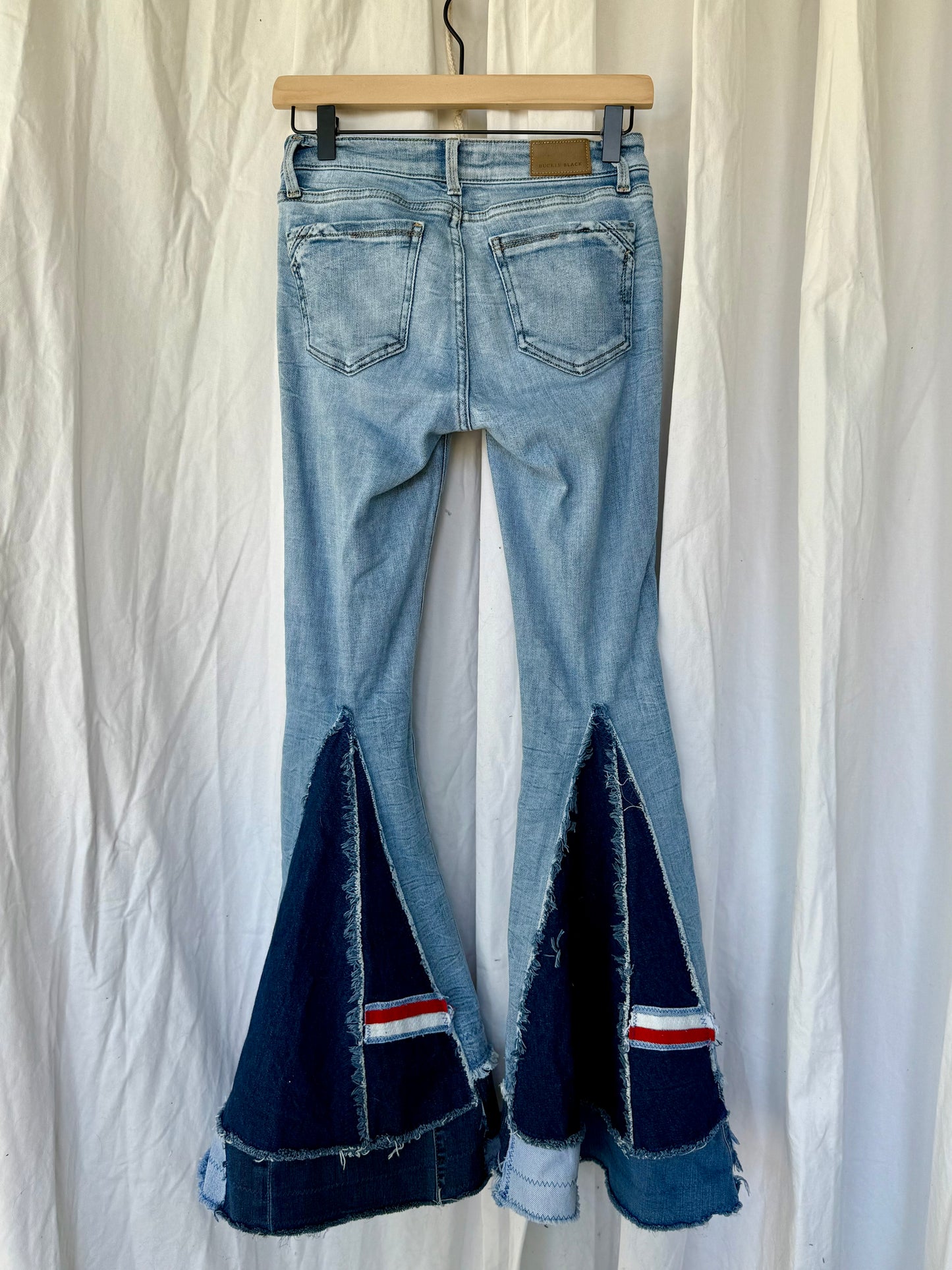 Denim Bell Bottom Jeans – Red & Blue Flower Power Flare (size 0)