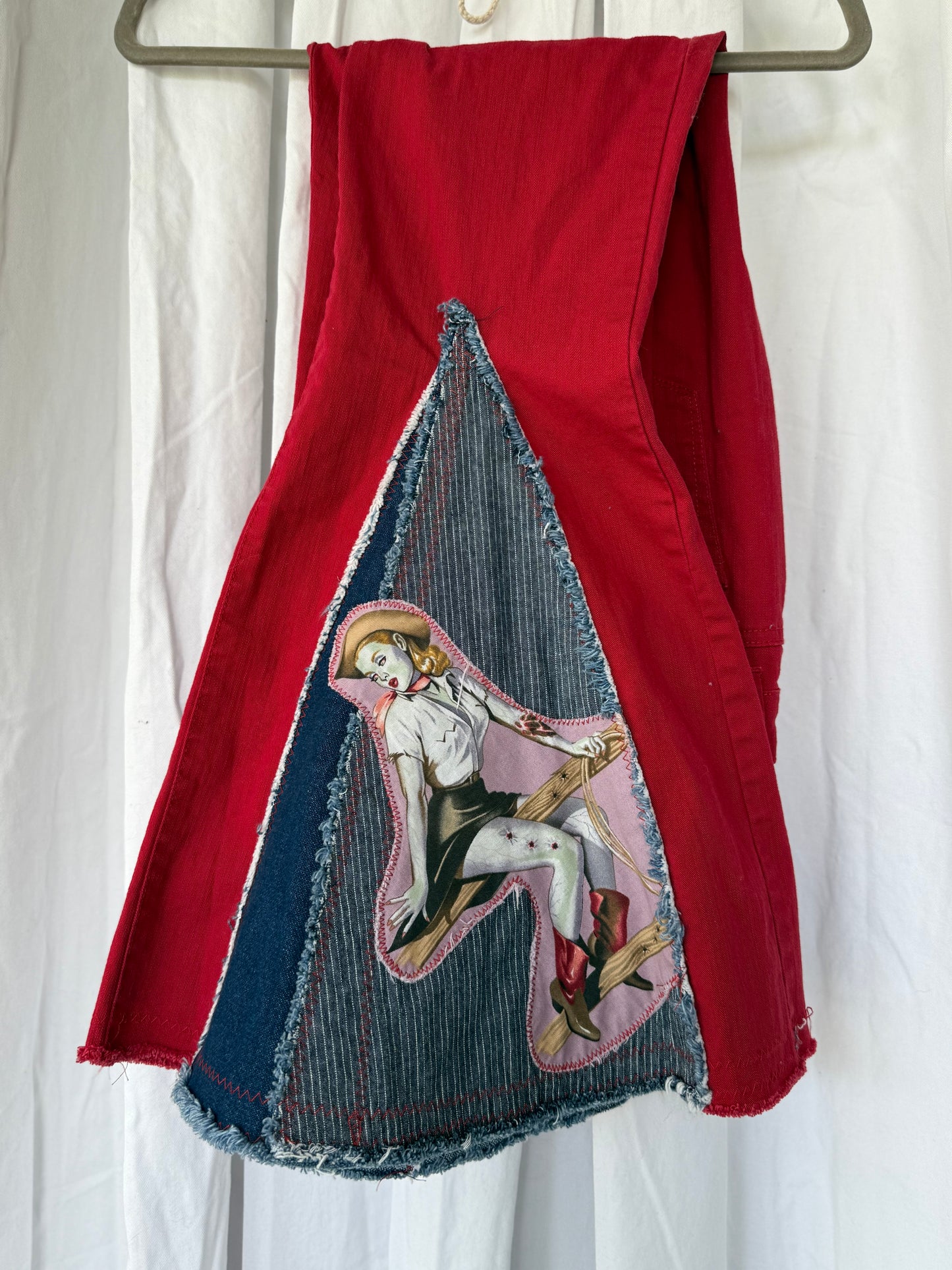 Vintage Zombie Cowgirl Upcycled Bell Bottom Jeans (size 6)– Red Western Flare Pants