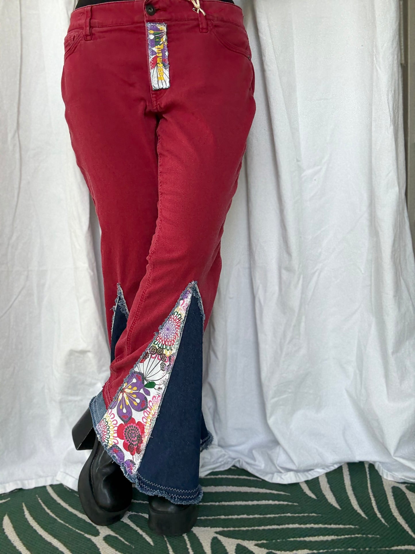 Red Bell Bottom Jeans (size 16) – Colorful Floral Patchwork Flare