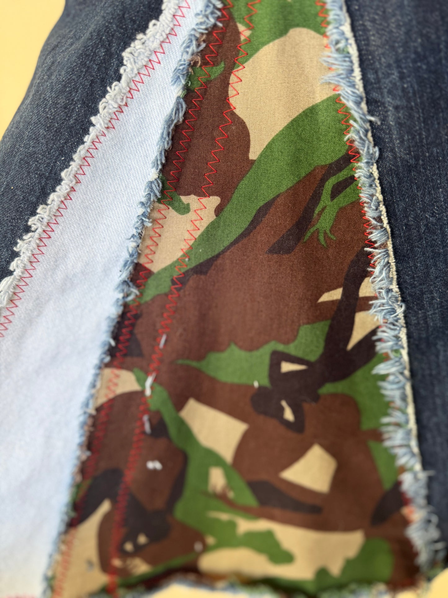 Upcycled Camouflage Insert Bell Bottom Jeans – One-of-a-Kind Statement Denim (Arizona jeans 32x32)