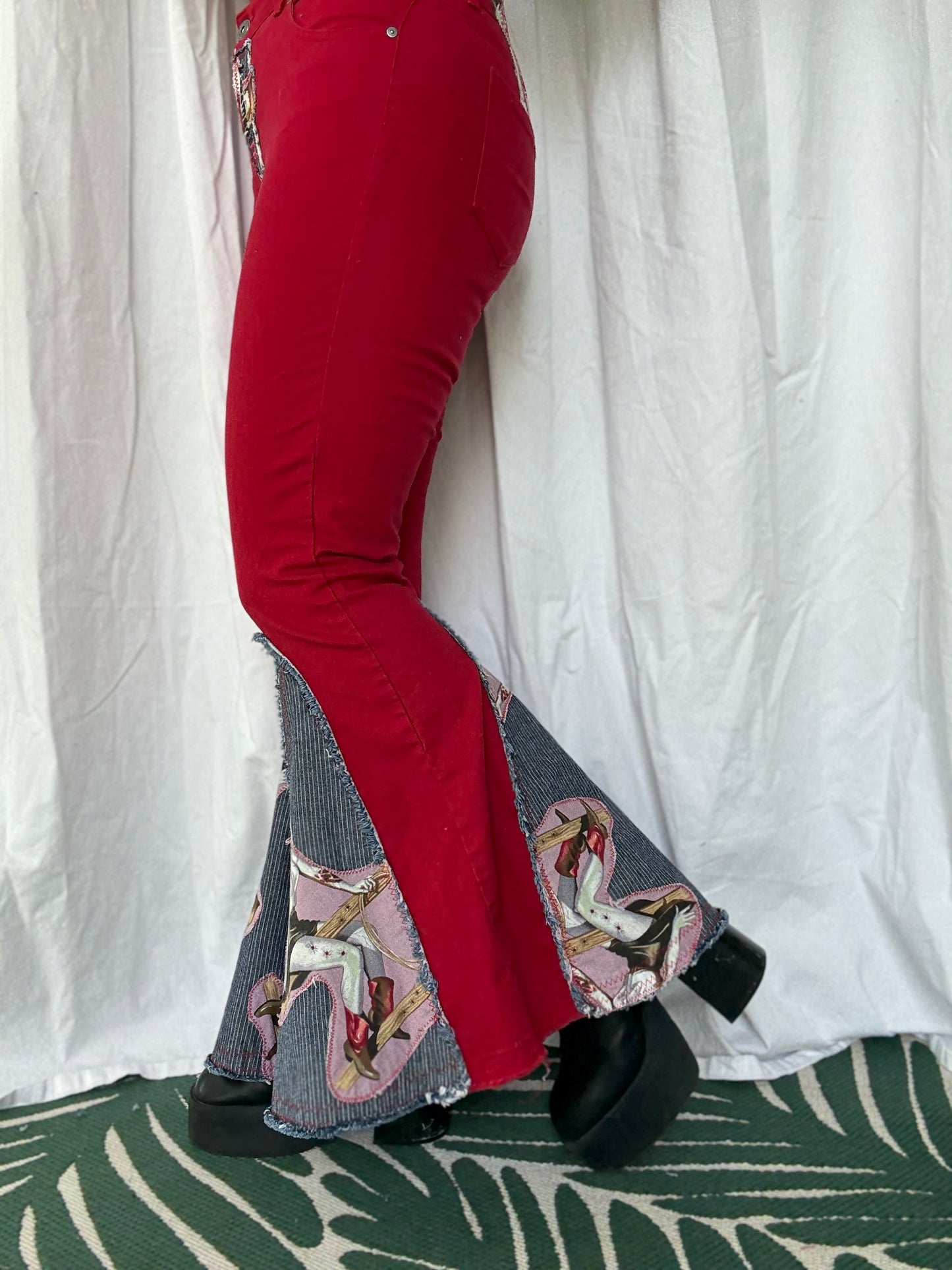 Vintage Zombie Cowgirl Upcycled Bell Bottom Jeans (size 6)– Red Western Flare Pants