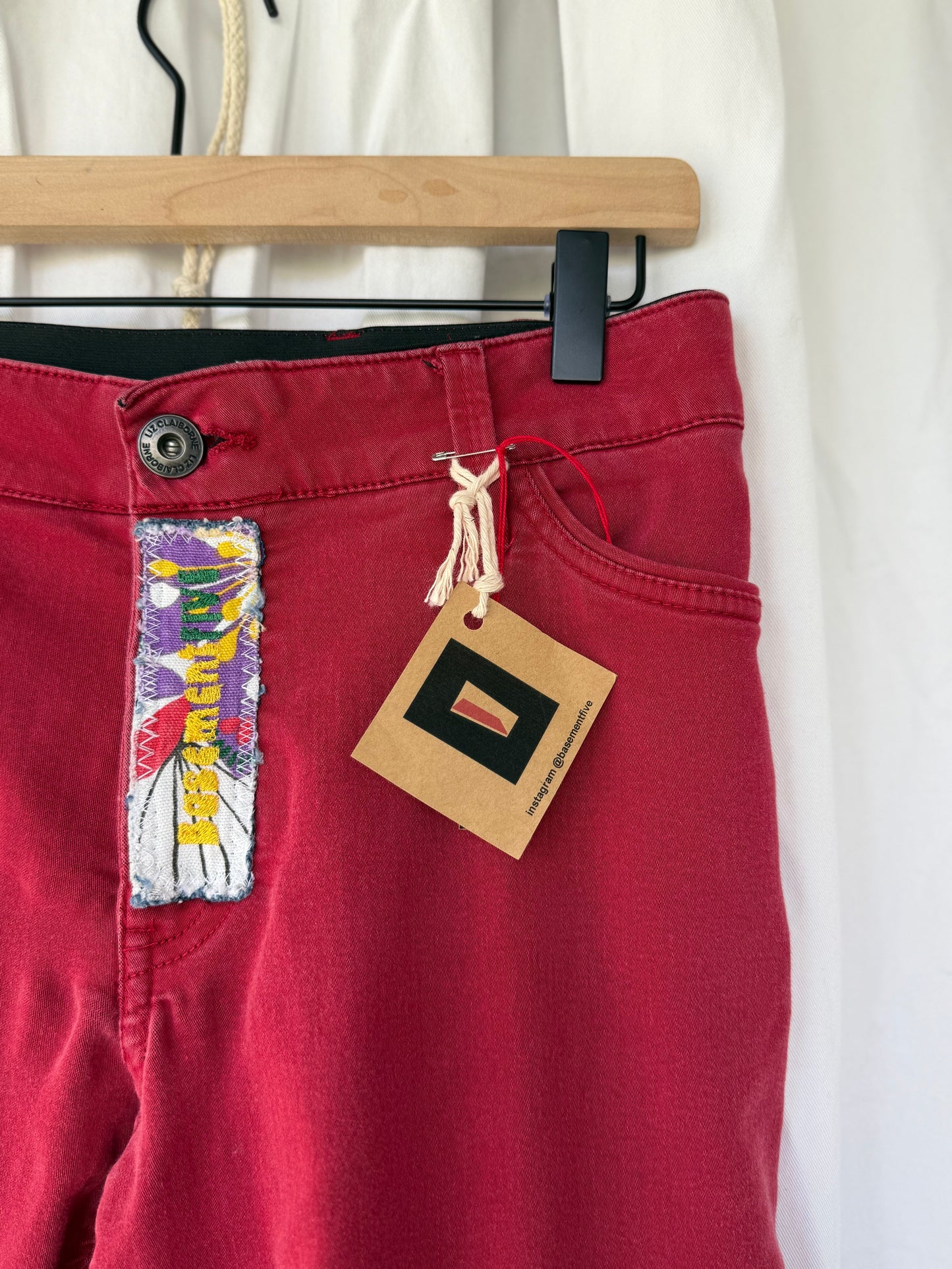 Red Bell Bottom Jeans (size 16) – Colorful Floral Patchwork Flare