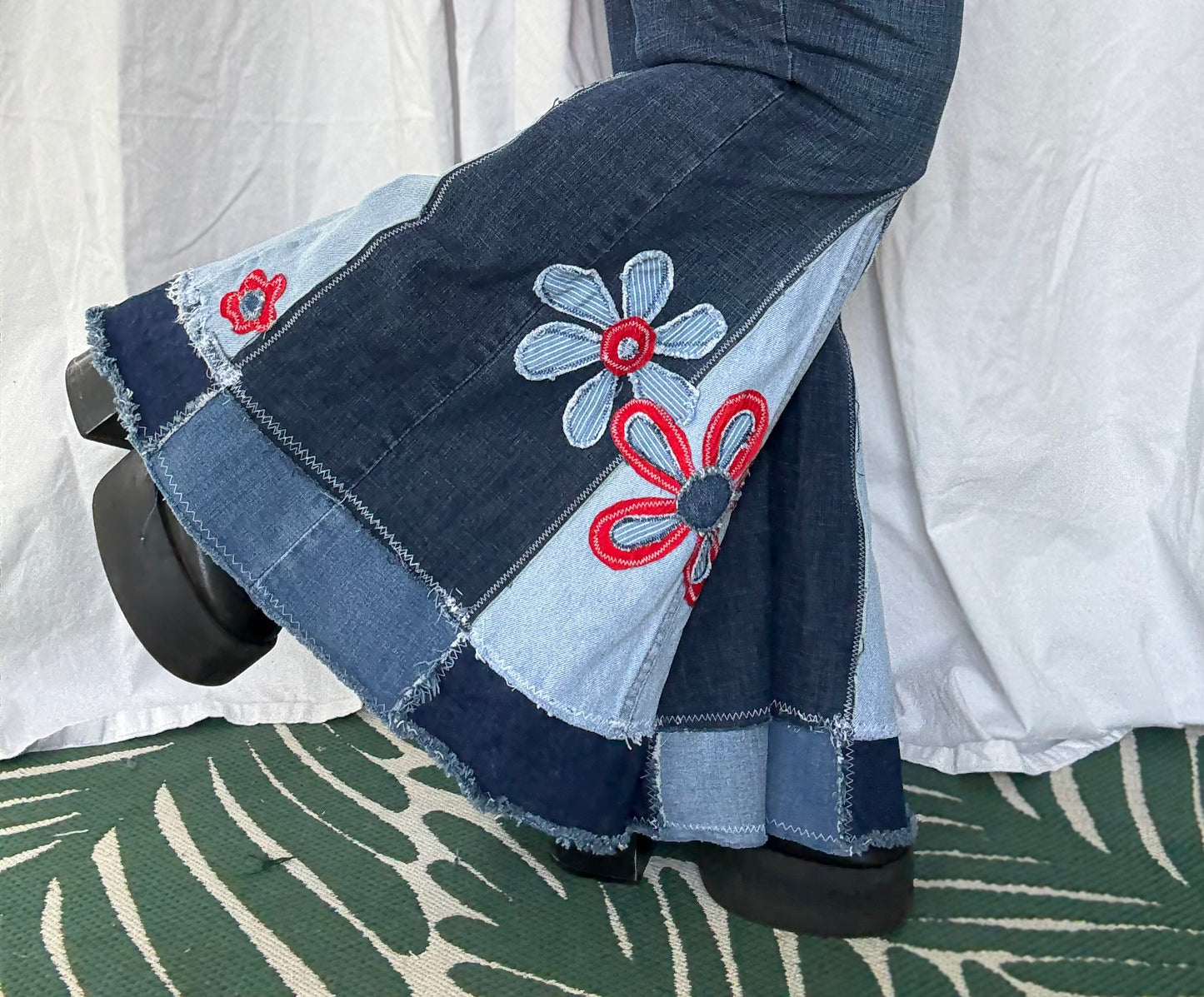 Retro Side Flower Bell Bottom Jeans (size 24) – Handmade Upcycled Denim