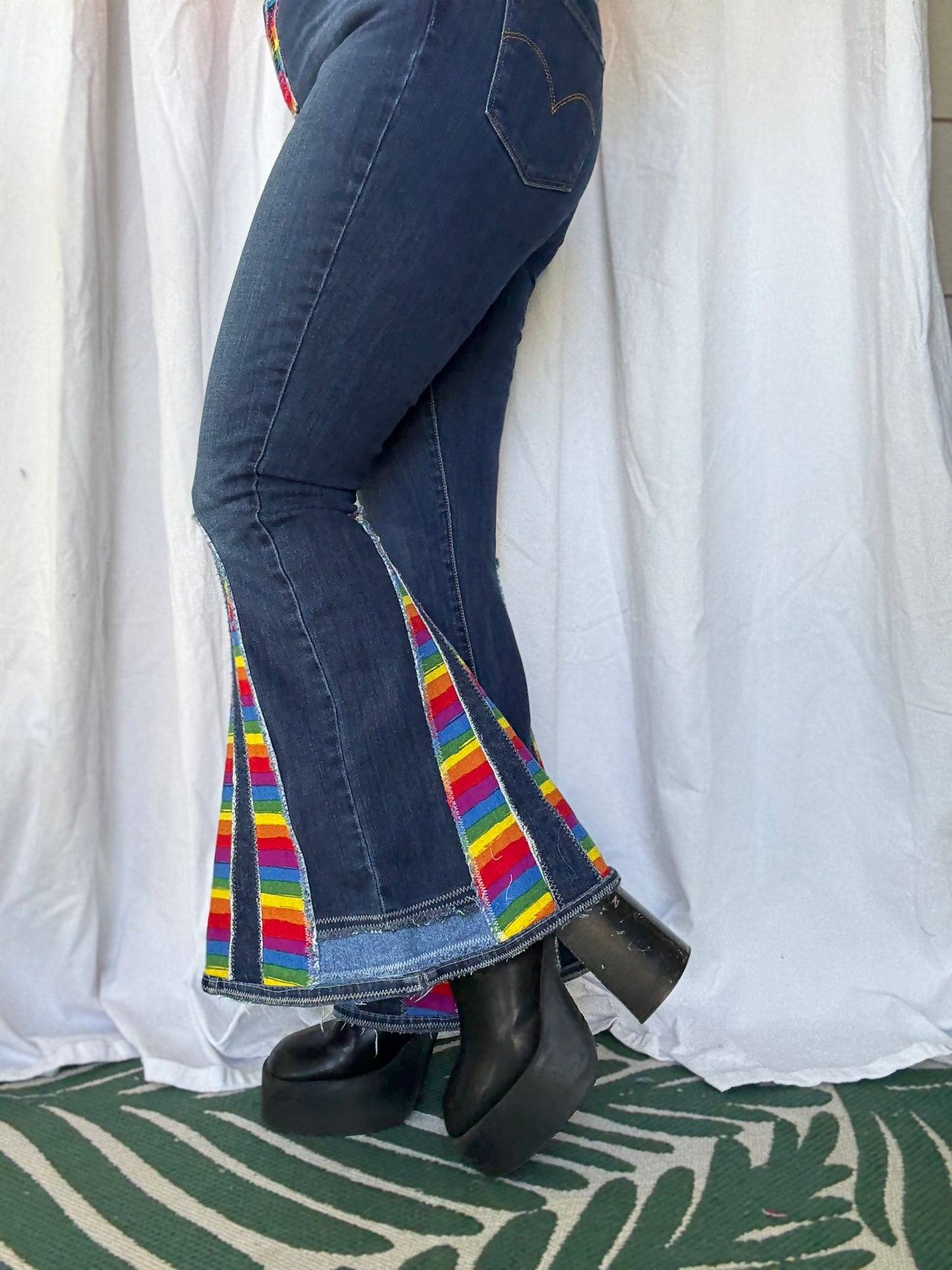Rainbow Bell Bottom Jeans (size 10) – Bold Retro Pride Pants