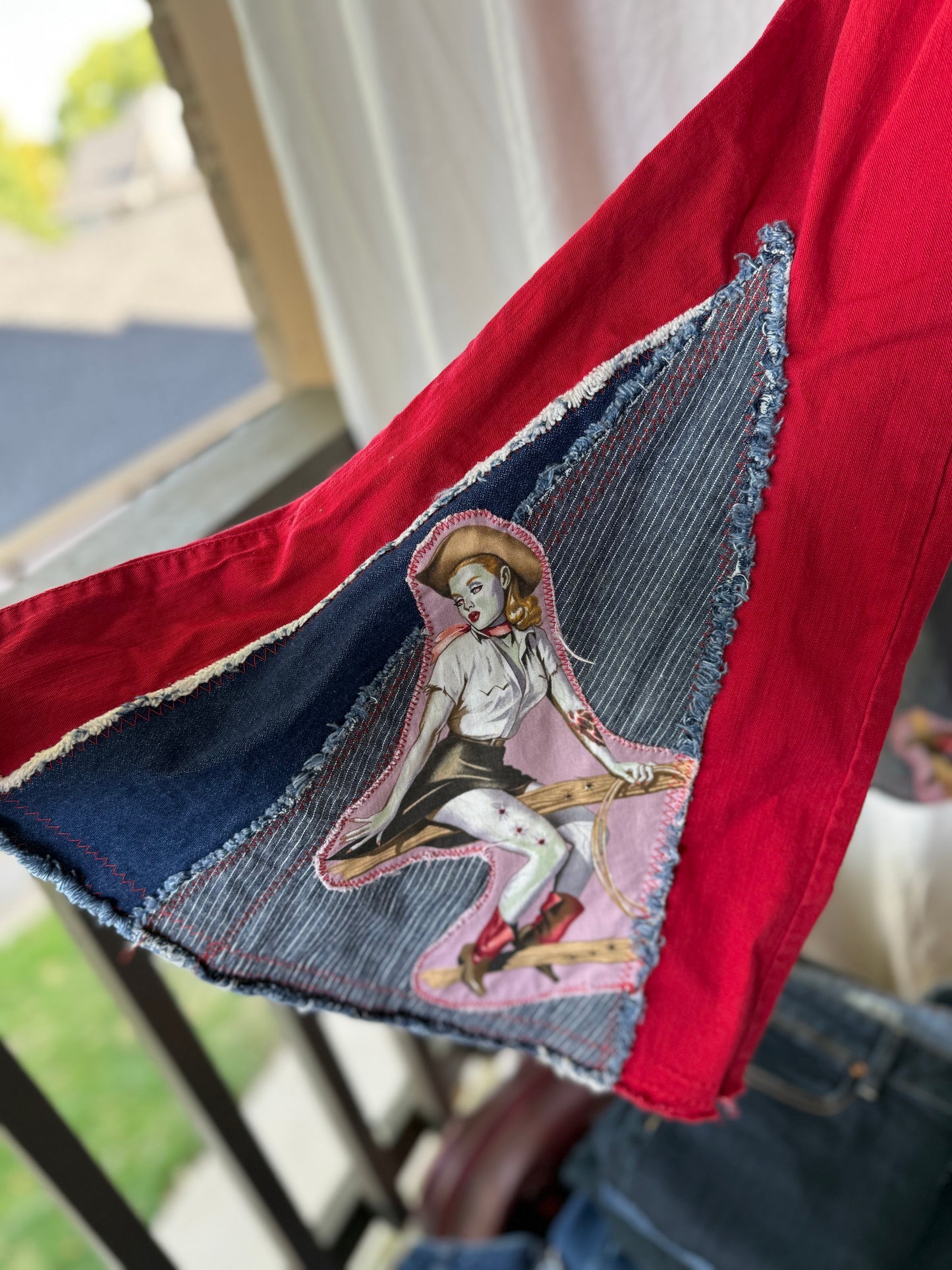 Vintage Zombie Cowgirl Upcycled Bell Bottom Jeans (size 6)– Red Western Flare Pants