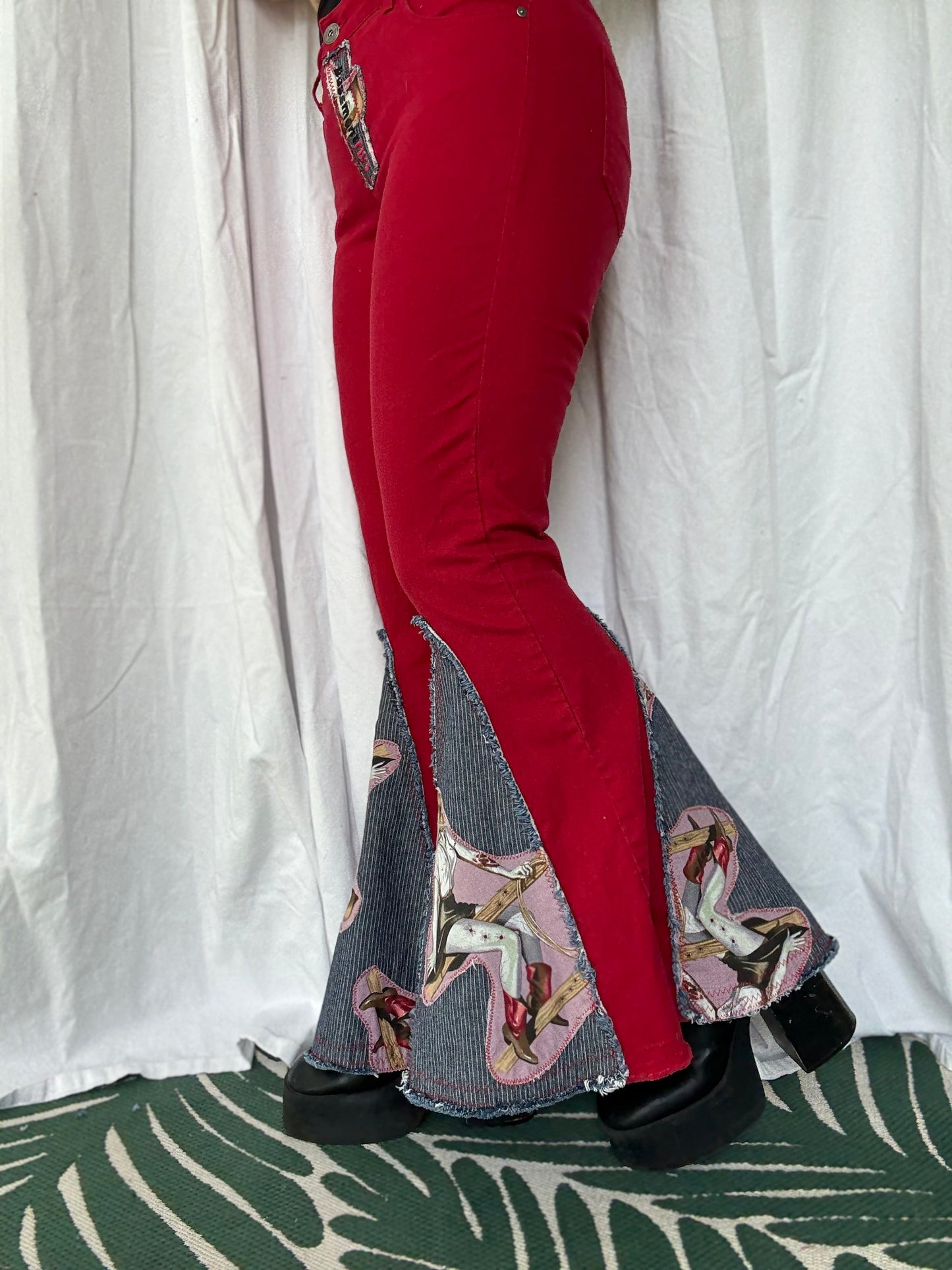 Vintage Zombie Cowgirl Upcycled Bell Bottom Jeans (size 6)– Red Western Flare Pants