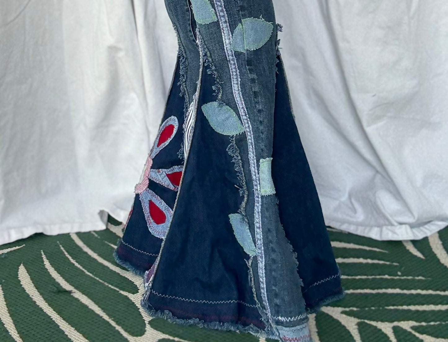 Striped Bell Bottom Jeans (size 6)– Retro Floral Appliqué