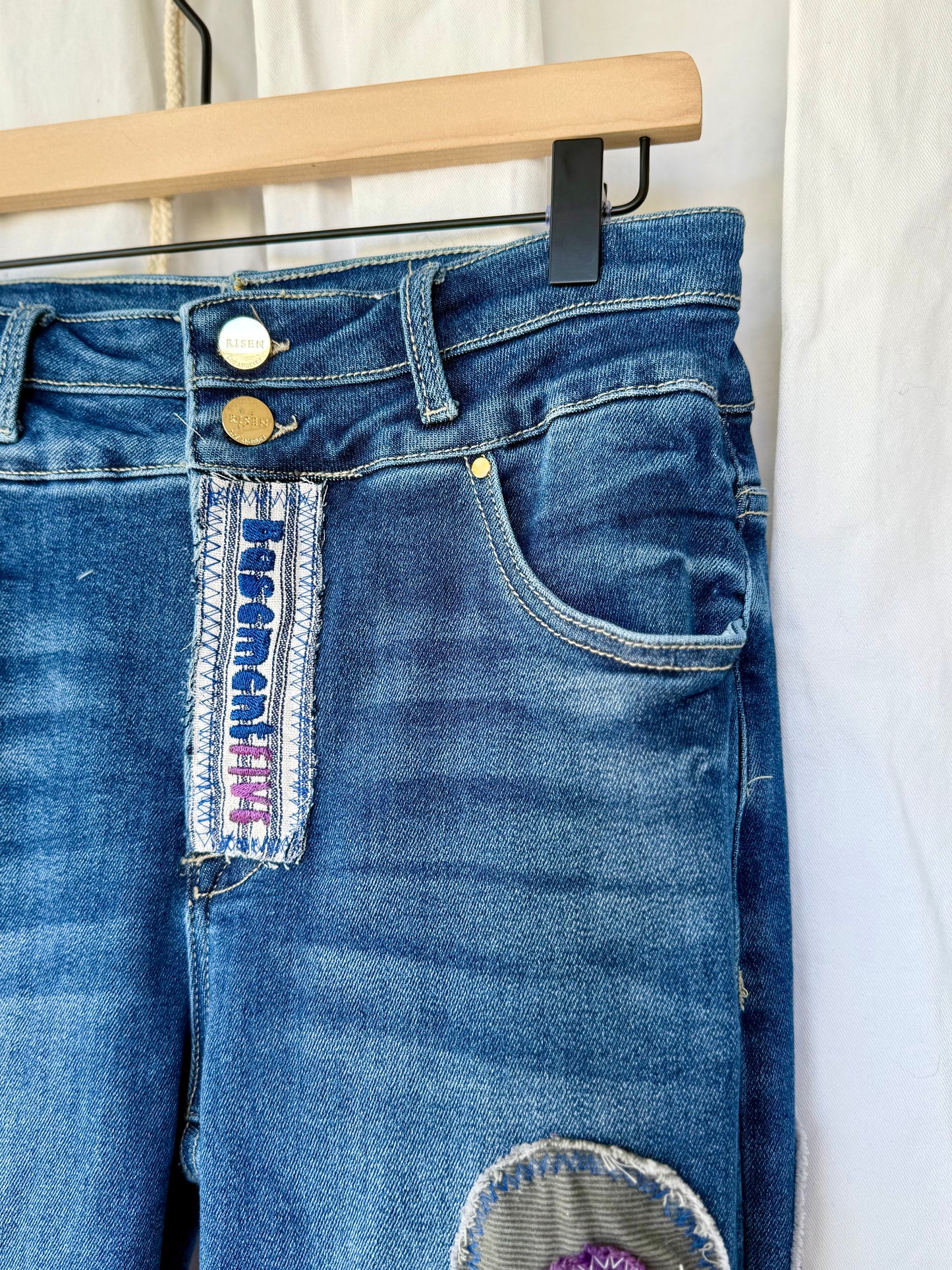 Floral Bell Bottom Jeans – Purple Petal & Stripe Design (Size 12)
