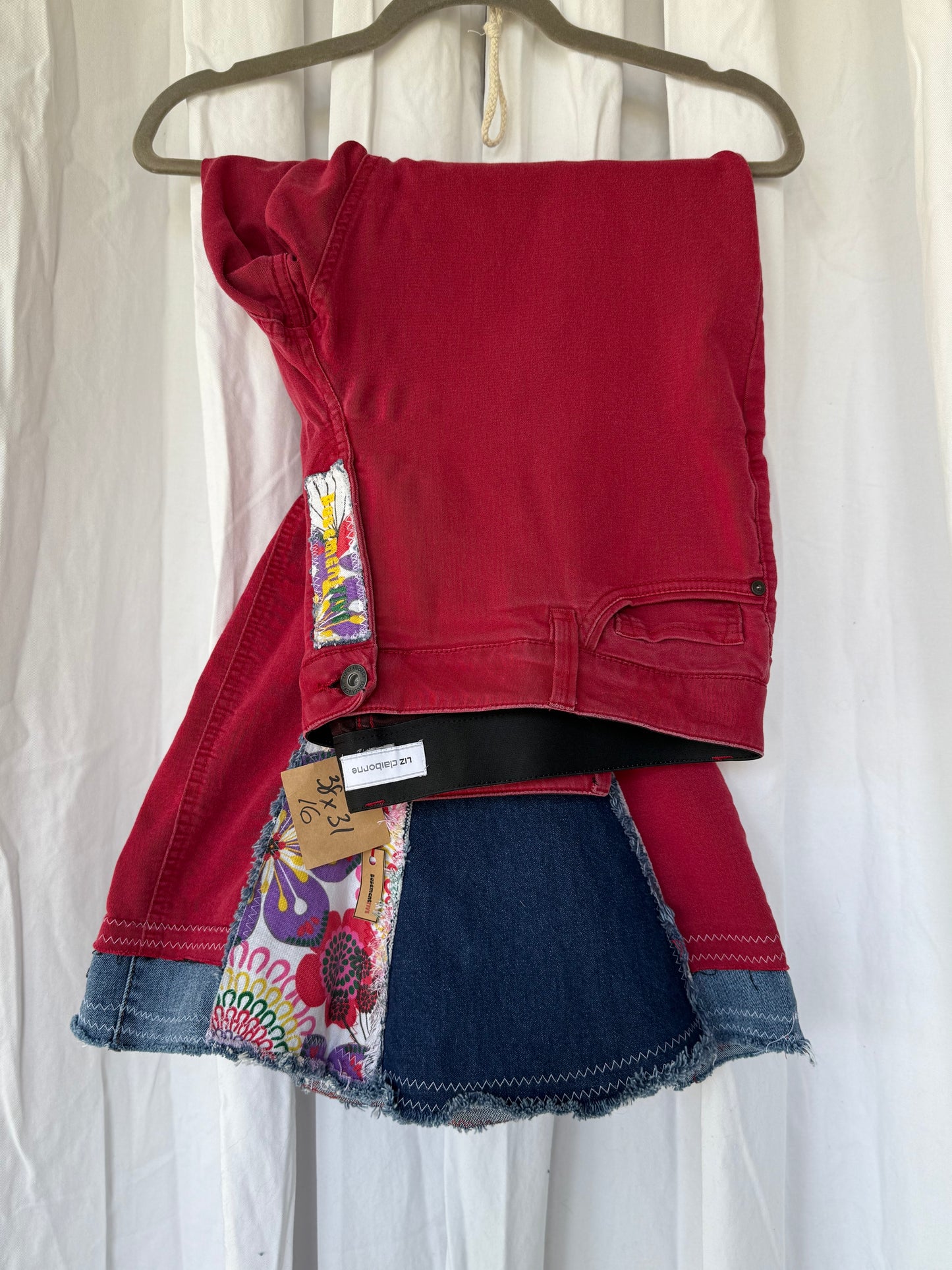 Red Bell Bottom Jeans (size 16) – Colorful Floral Patchwork Flare