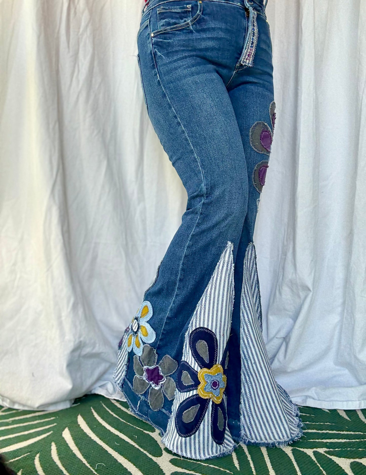 Floral Bell Bottom Jeans – Purple Petal & Stripe Design (Size 12)