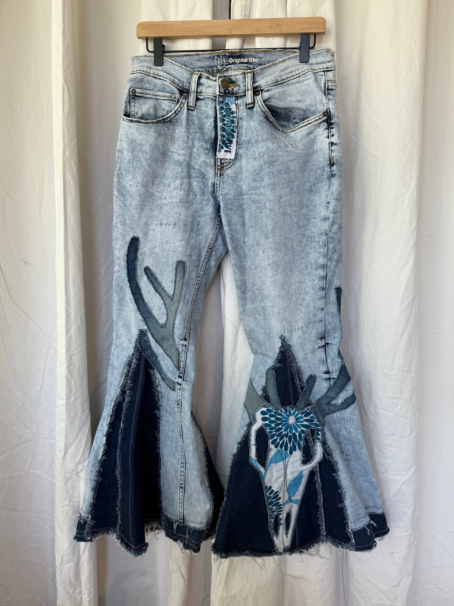 Western Boho Skull Appliqué Bell Bottoms (size 10)