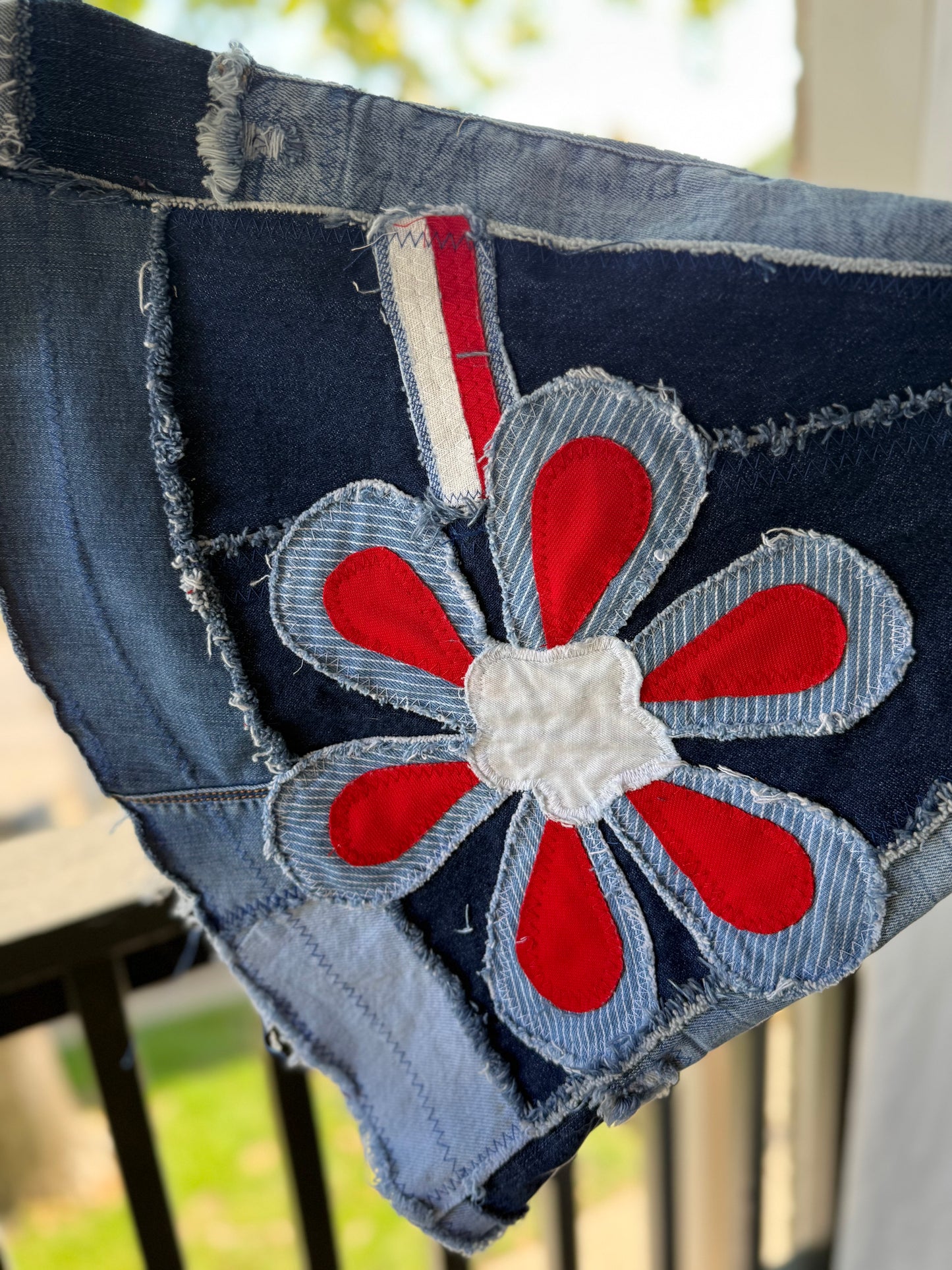 Denim Bell Bottom Jeans – Red & Blue Flower Power Flare (size 0)