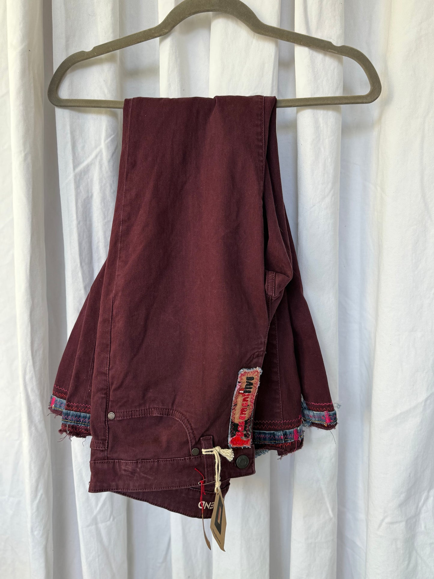 Burgundy Pin-Up Bell Bottom Jeans (size 8)– Retro Glam Statement Pants