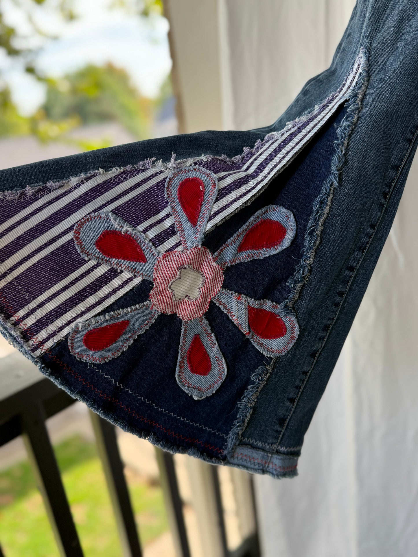 Striped Bell Bottom Jeans (size 6)– Retro Floral Appliqué