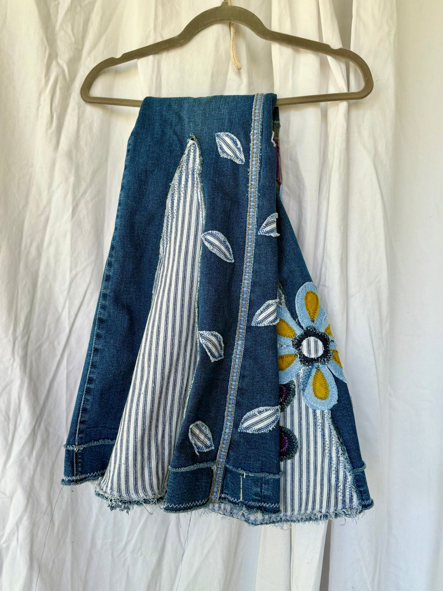 Floral Bell Bottom Jeans – Purple Petal & Stripe Design (Size 12)