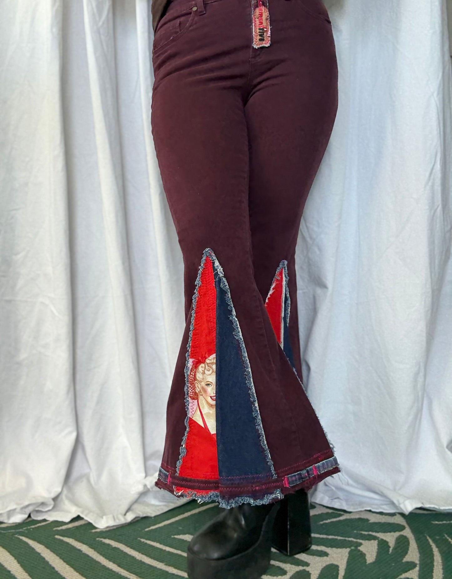 Burgundy Pin-Up Bell Bottom Jeans (size 8)– Retro Glam Statement Pants