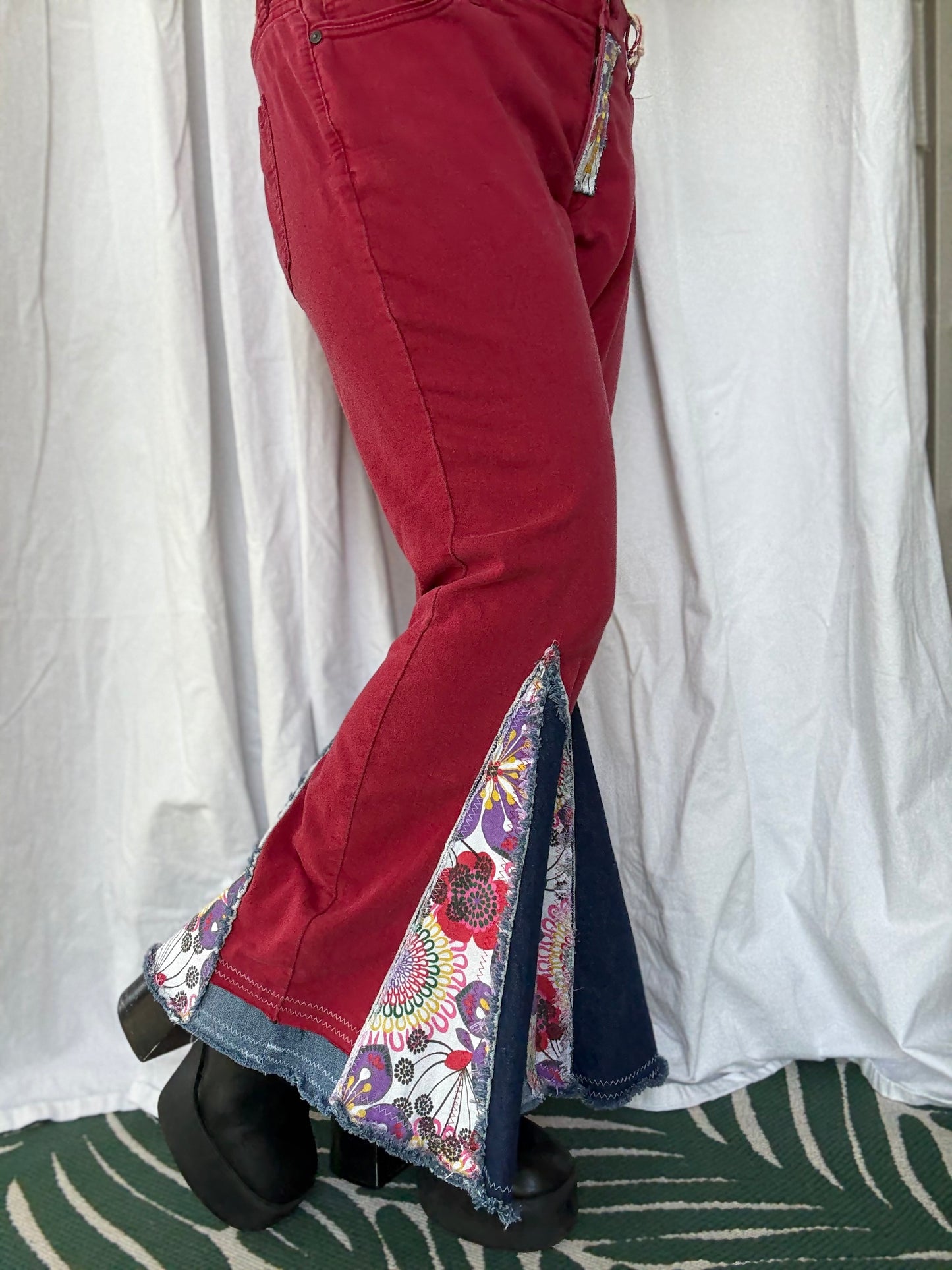 Red Bell Bottom Jeans (size 16) – Colorful Floral Patchwork Flare