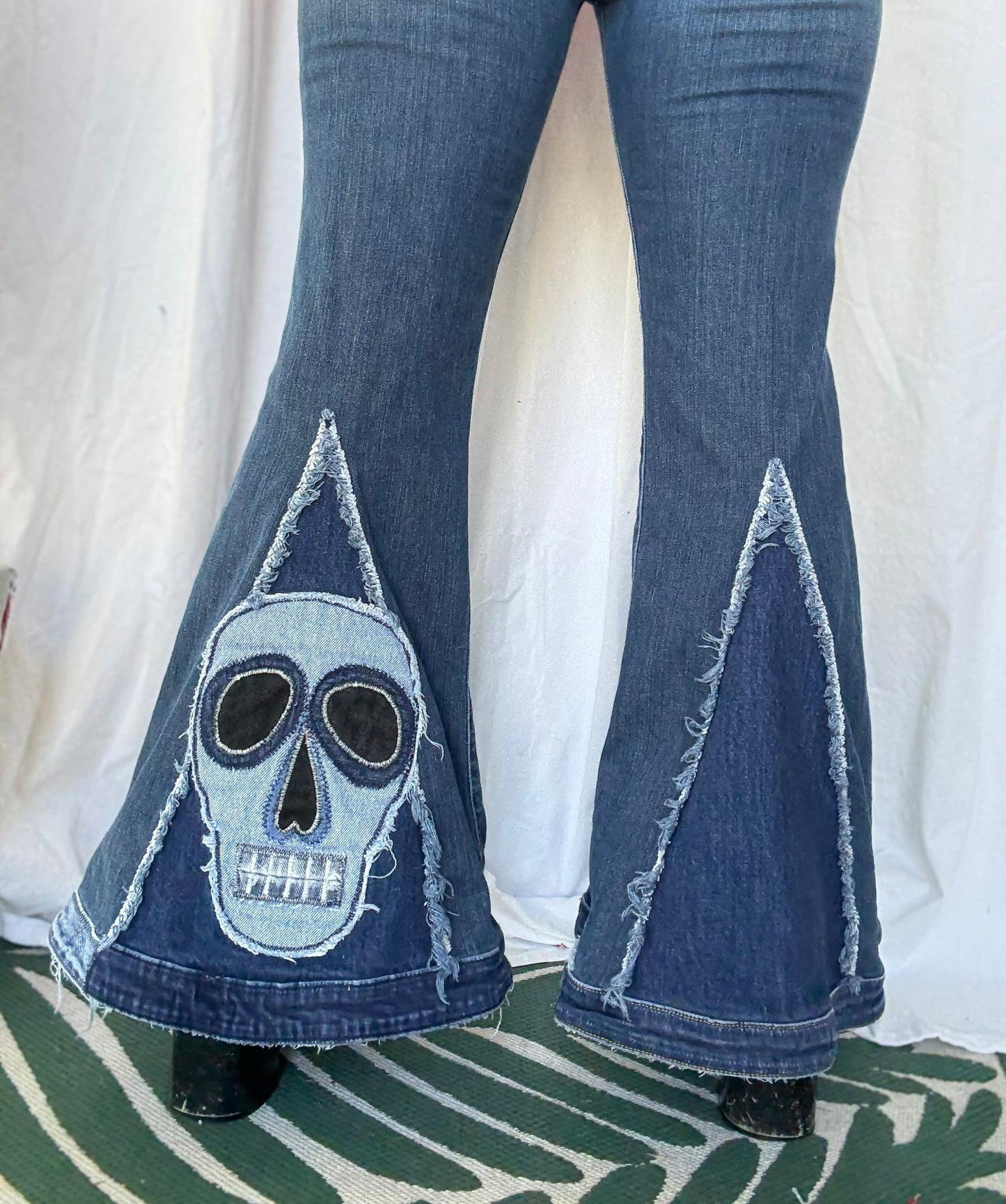 Skull Bell Bottom Jeans (size 12)– Edgy Boho Statement Pants