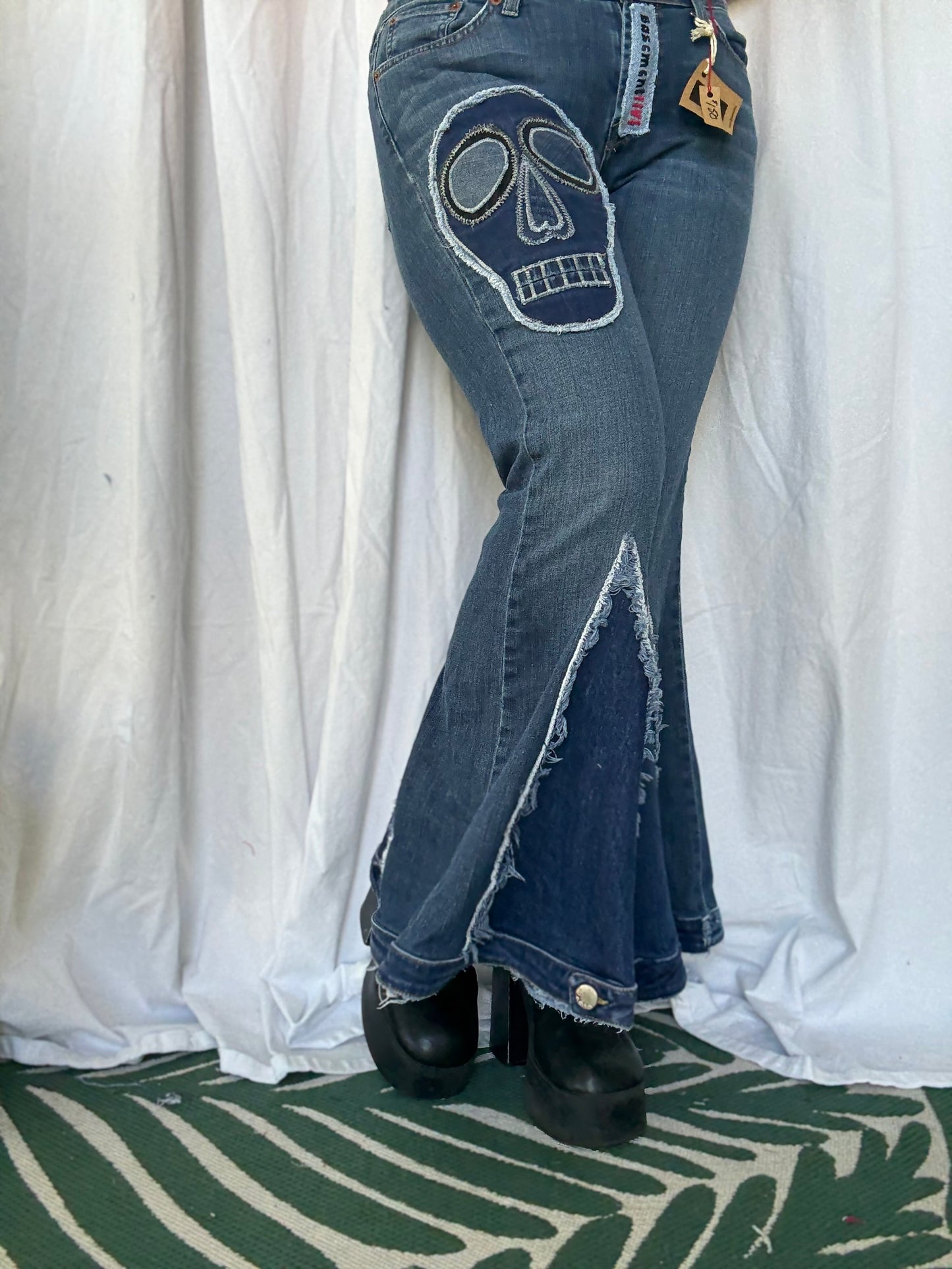 Skull Bell Bottom Jeans (size 12)– Edgy Boho Statement Pants