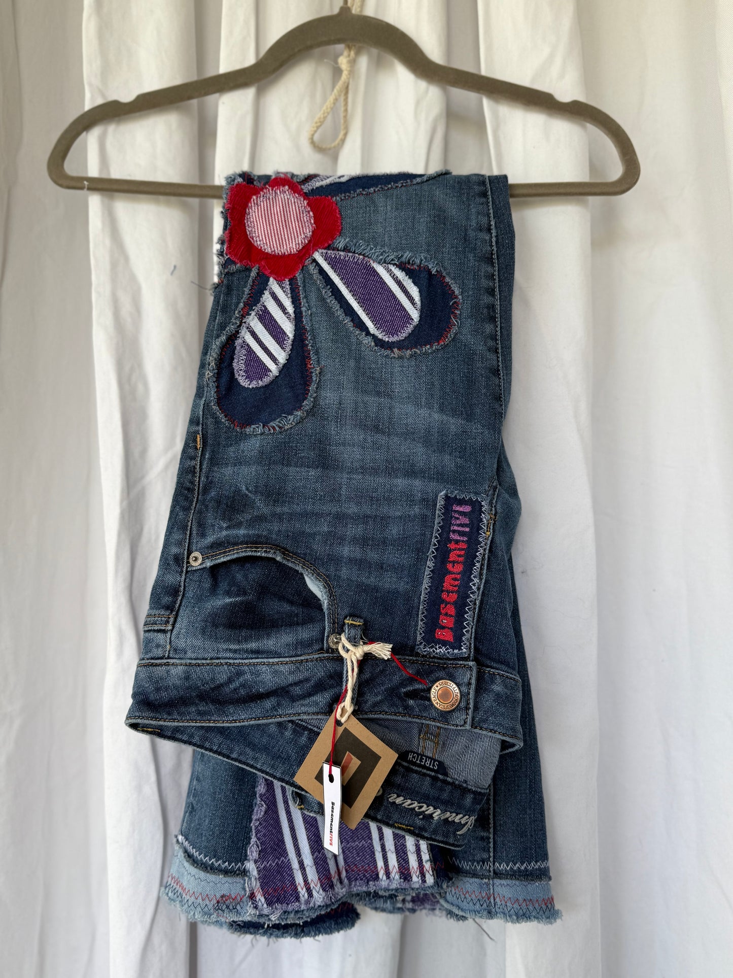 Striped Bell Bottom Jeans (size 6)– Retro Floral Appliqué