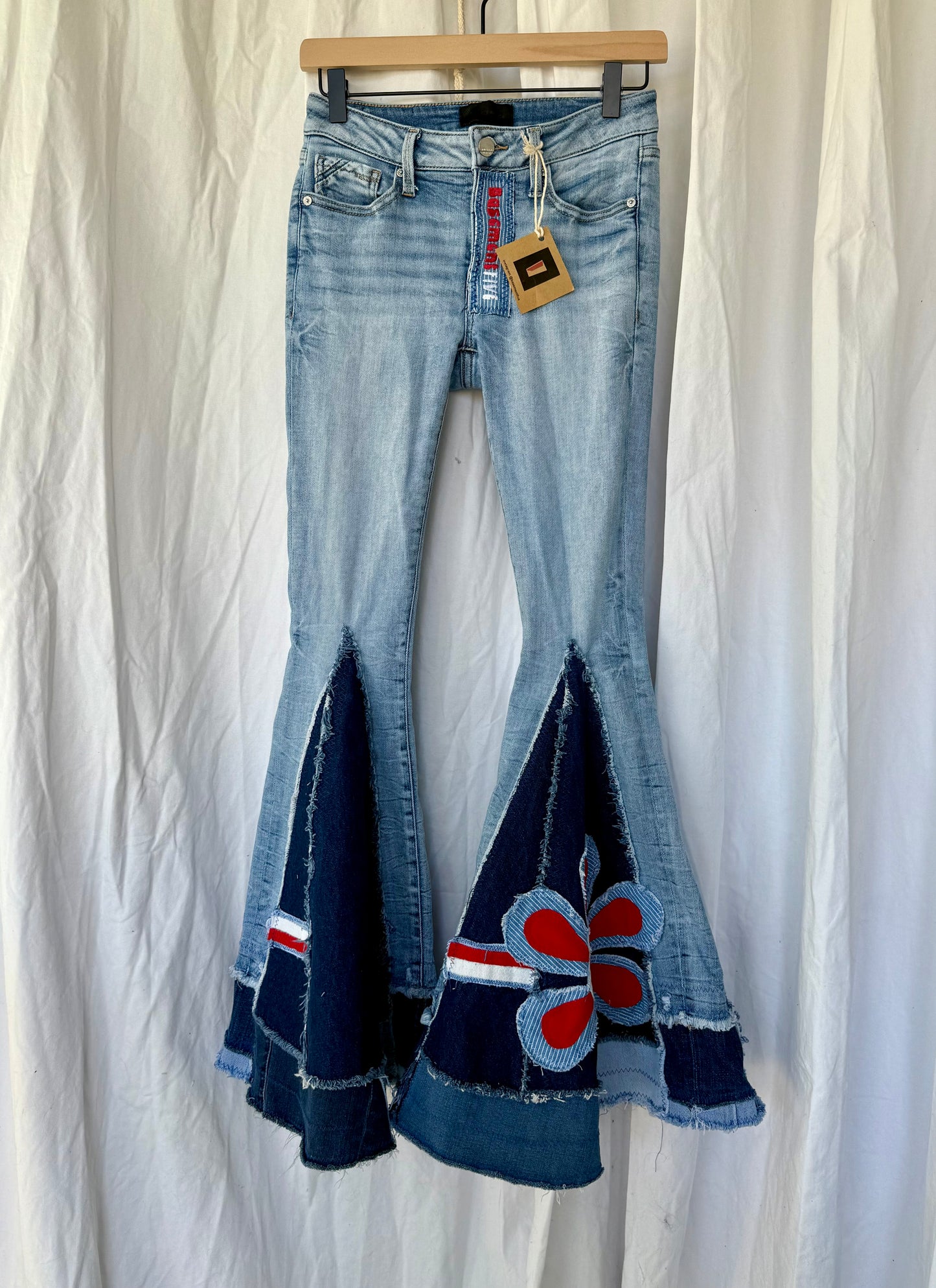 Denim Bell Bottom Jeans – Red & Blue Flower Power Flare (size 0)
