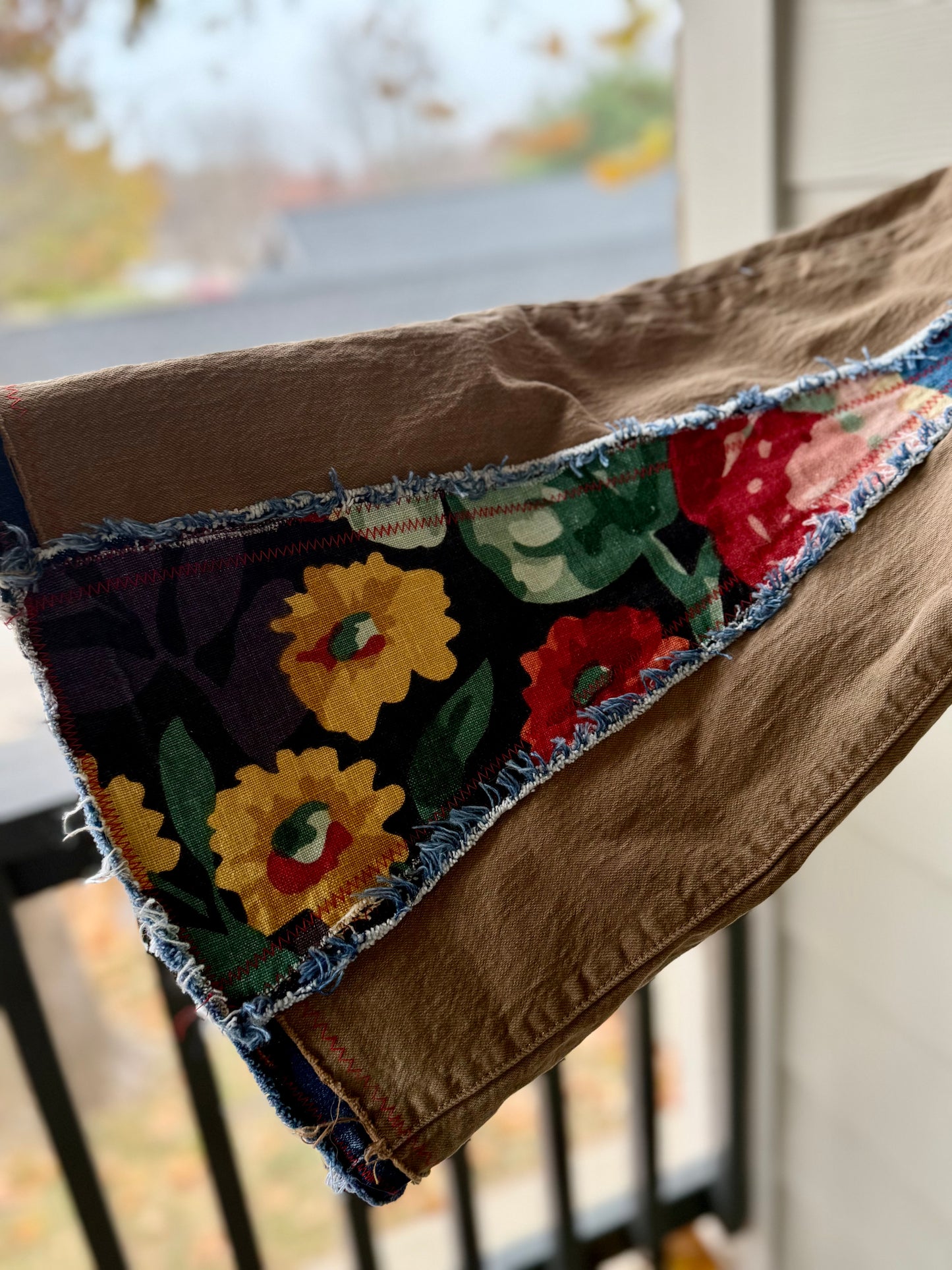 Men’s Upcycled Tan Floral Bell-Bottom Jeans – One-of-a-Kind Statement Pair (Levis 36x34)