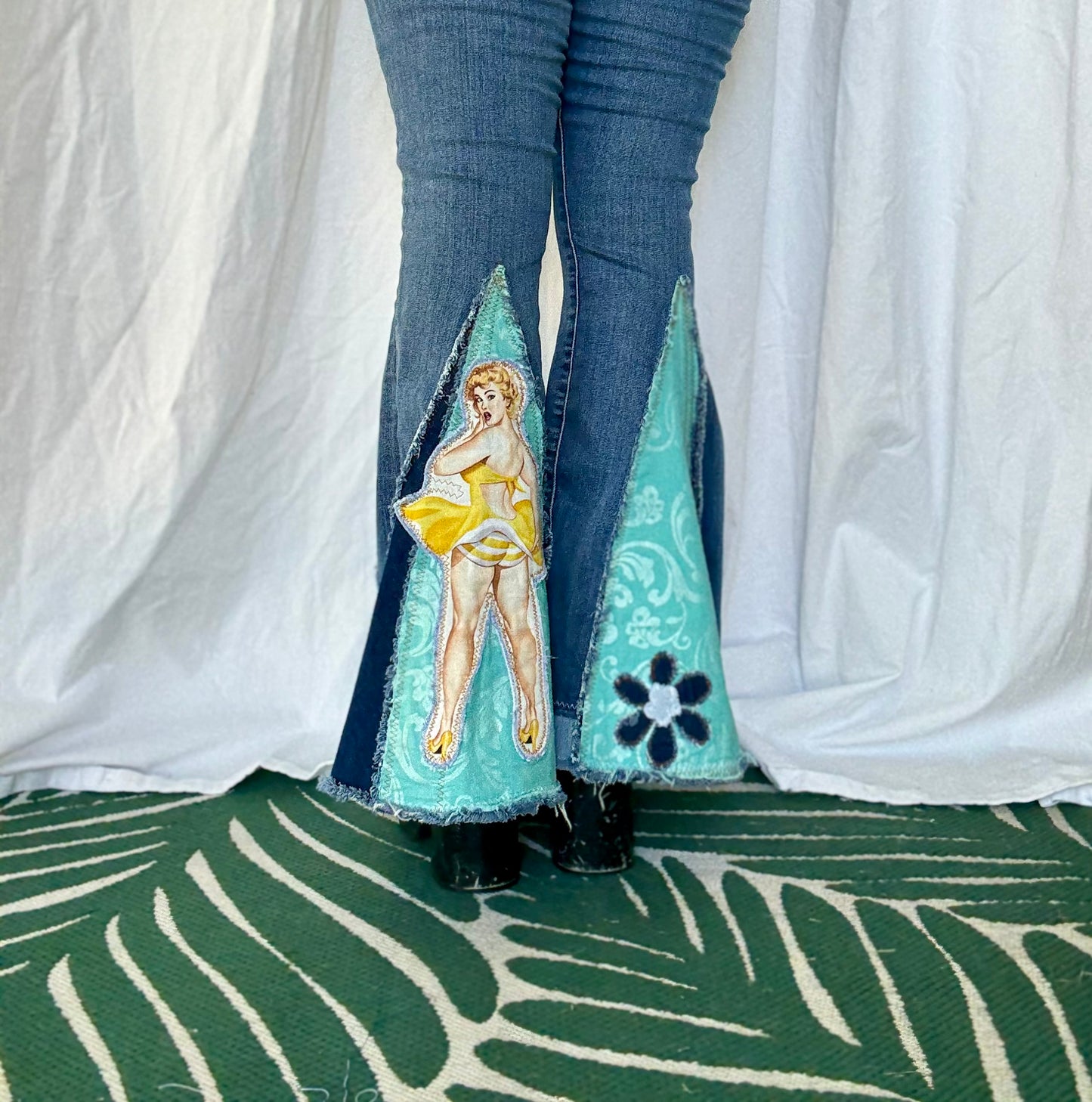 Retro Pinup Girl Flower Power Bell Bottom Jeans (size 12) – Bold Vintage Vibes