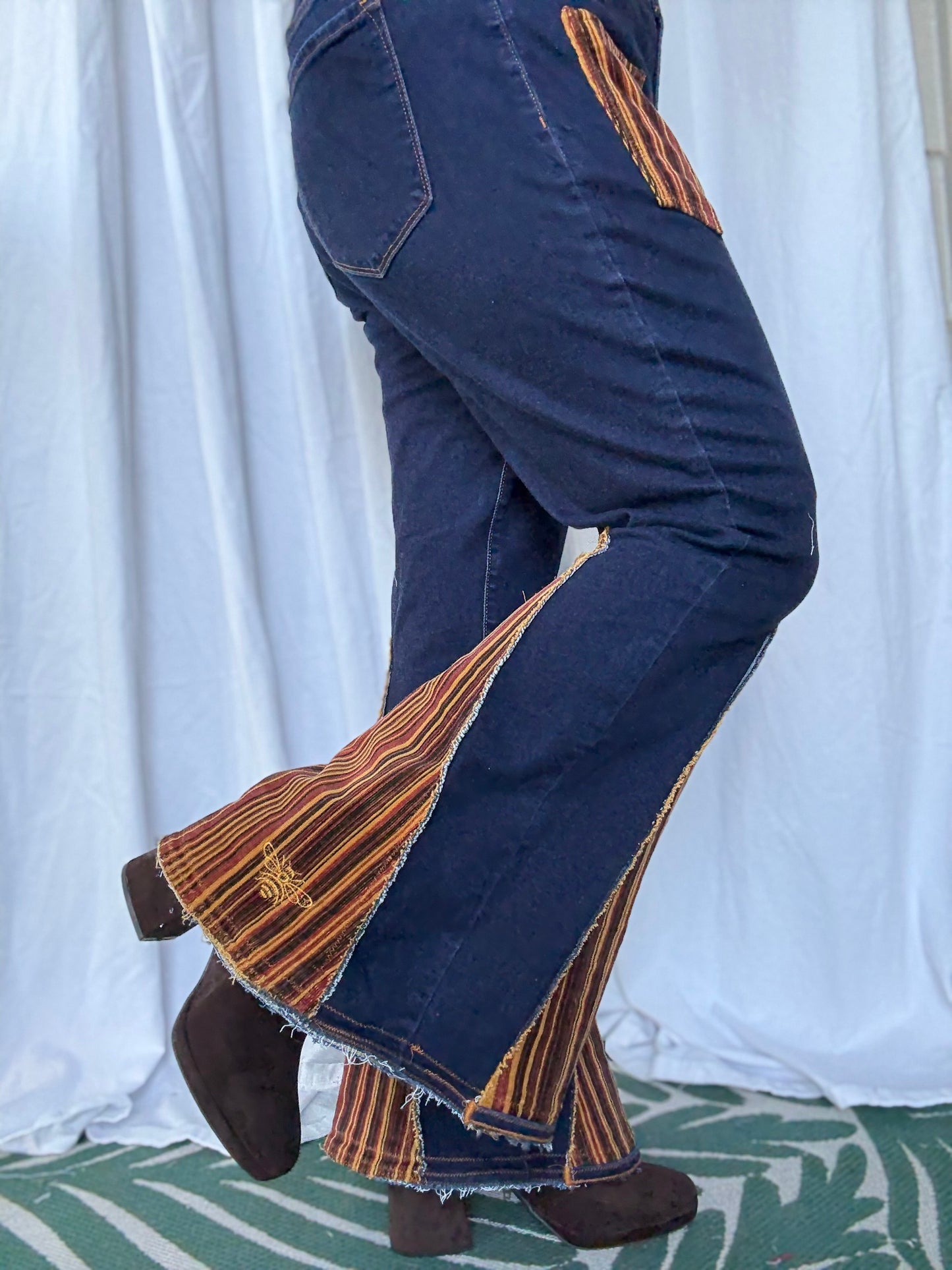 Striped Bell Bottom Jeans (size 18)ā Handmade Retro Boho Flares š»š