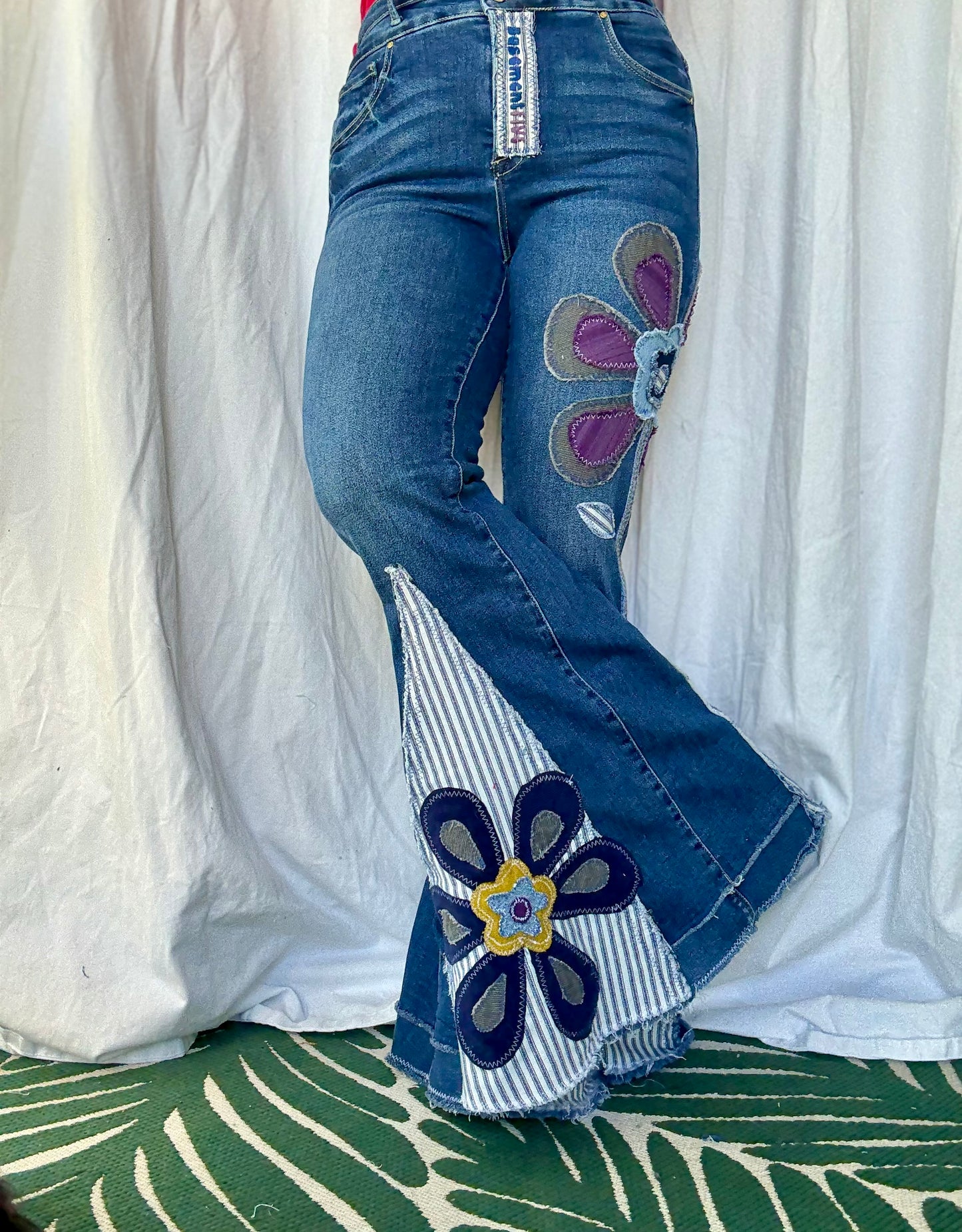 Floral Bell Bottom Jeans – Purple Petal & Stripe Design (Size 12)
