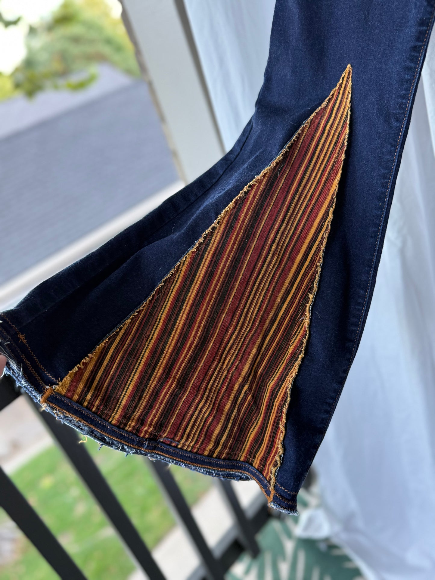 Striped Bell Bottom Jeans (size 18)ā Handmade Retro Boho Flares š»š