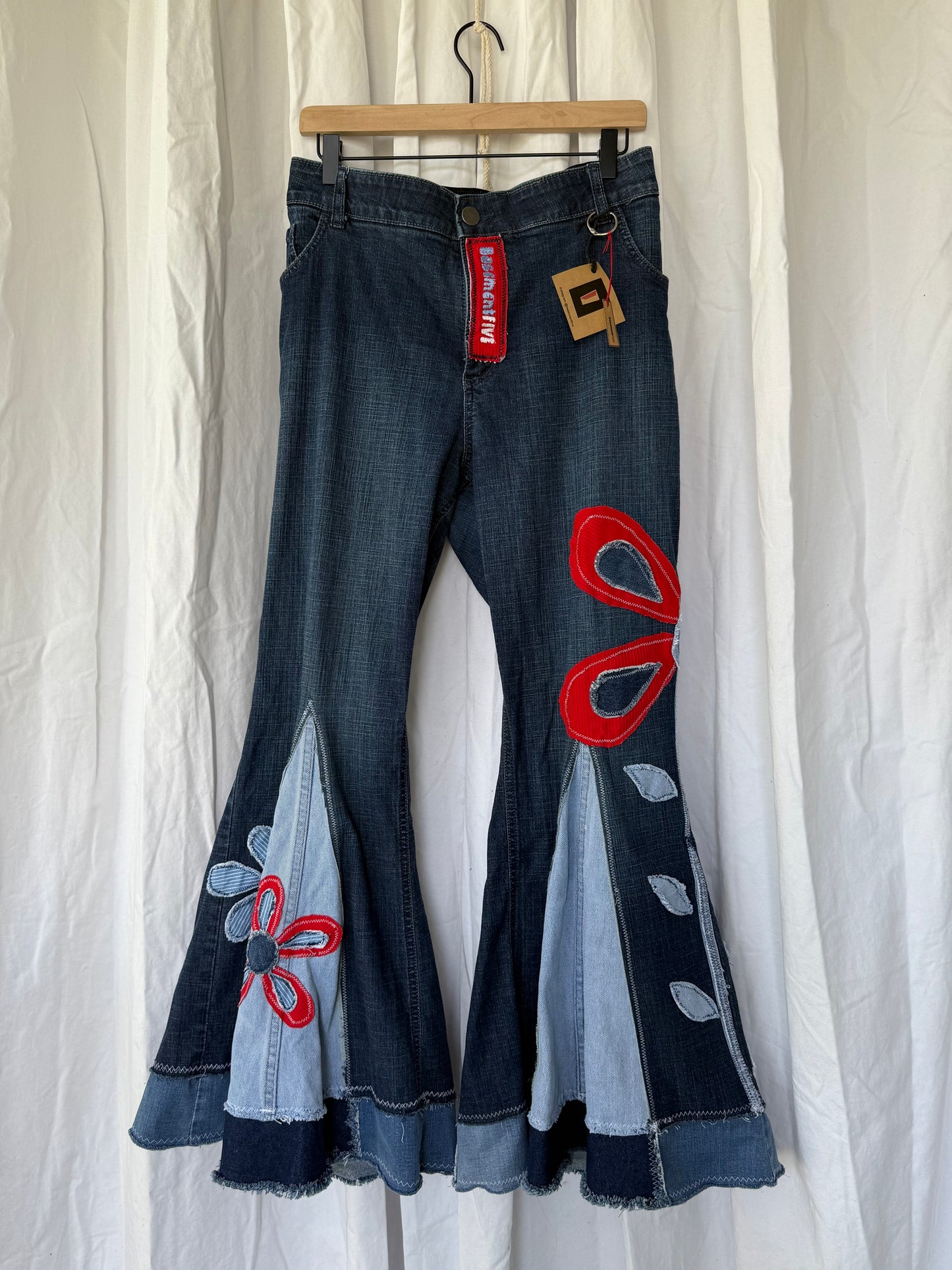 Retro Side Flower Bell Bottom Jeans (size 24) – Handmade Upcycled Denim