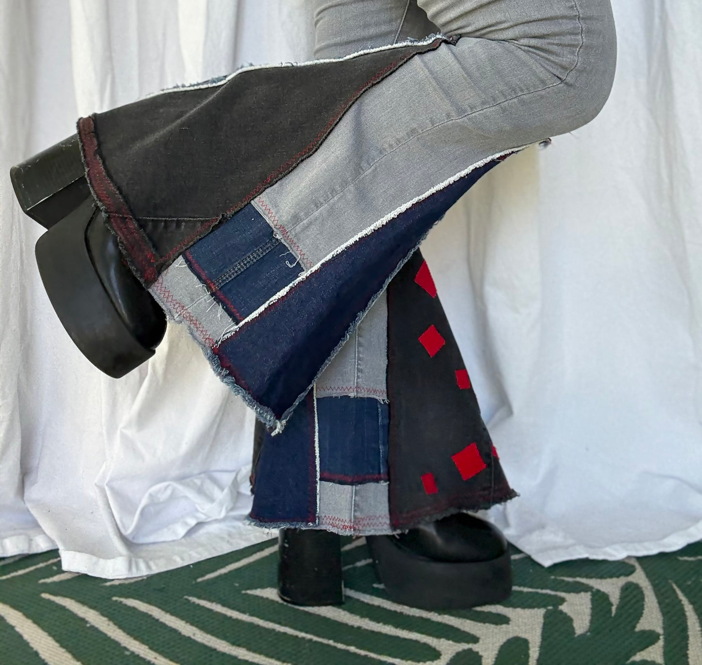 Gray Bell Bottom Jeans (size 4) – Black & Red Patchwork Flare