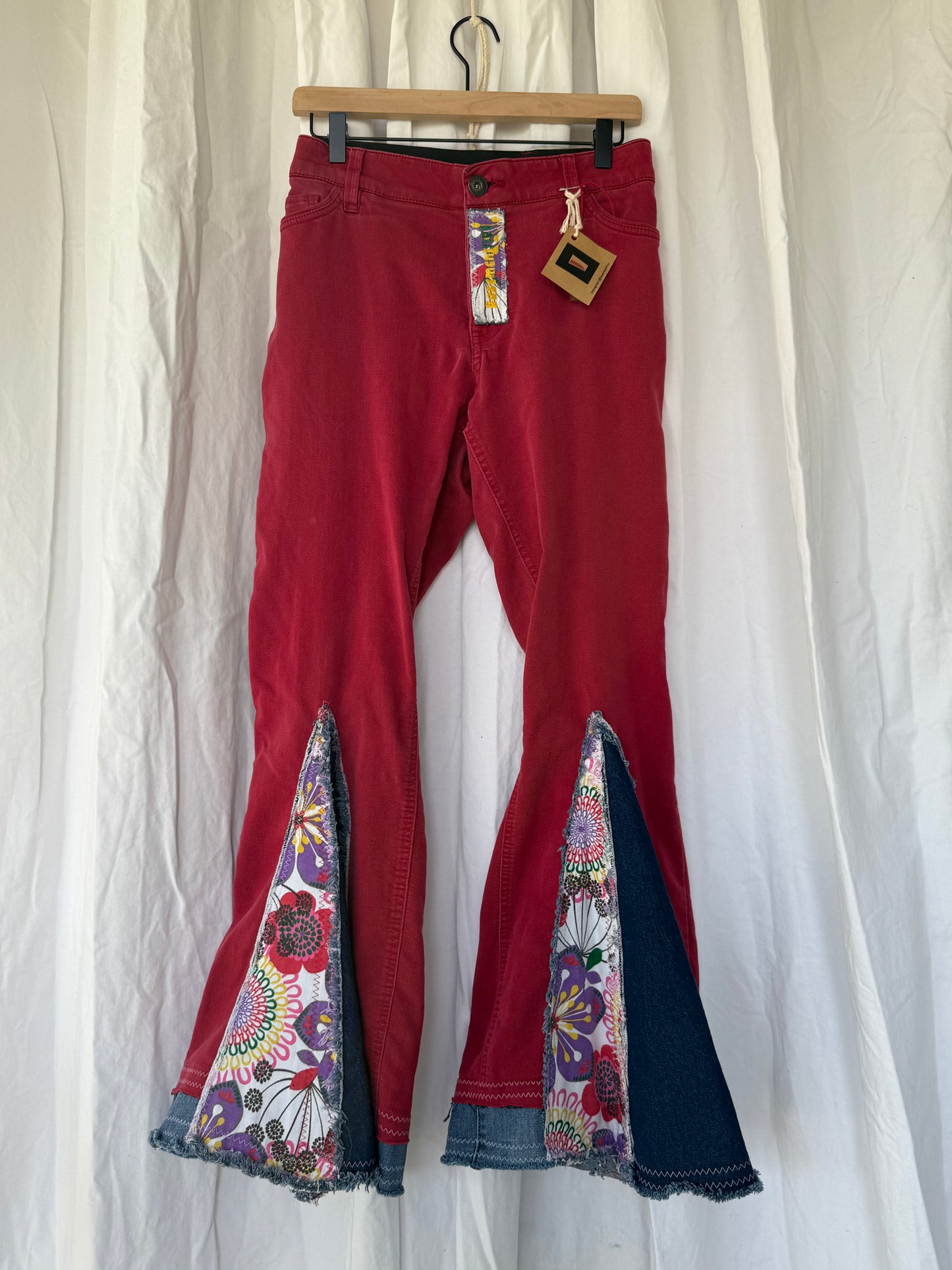 Red Bell Bottom Jeans (size 16) – Colorful Floral Patchwork Flare