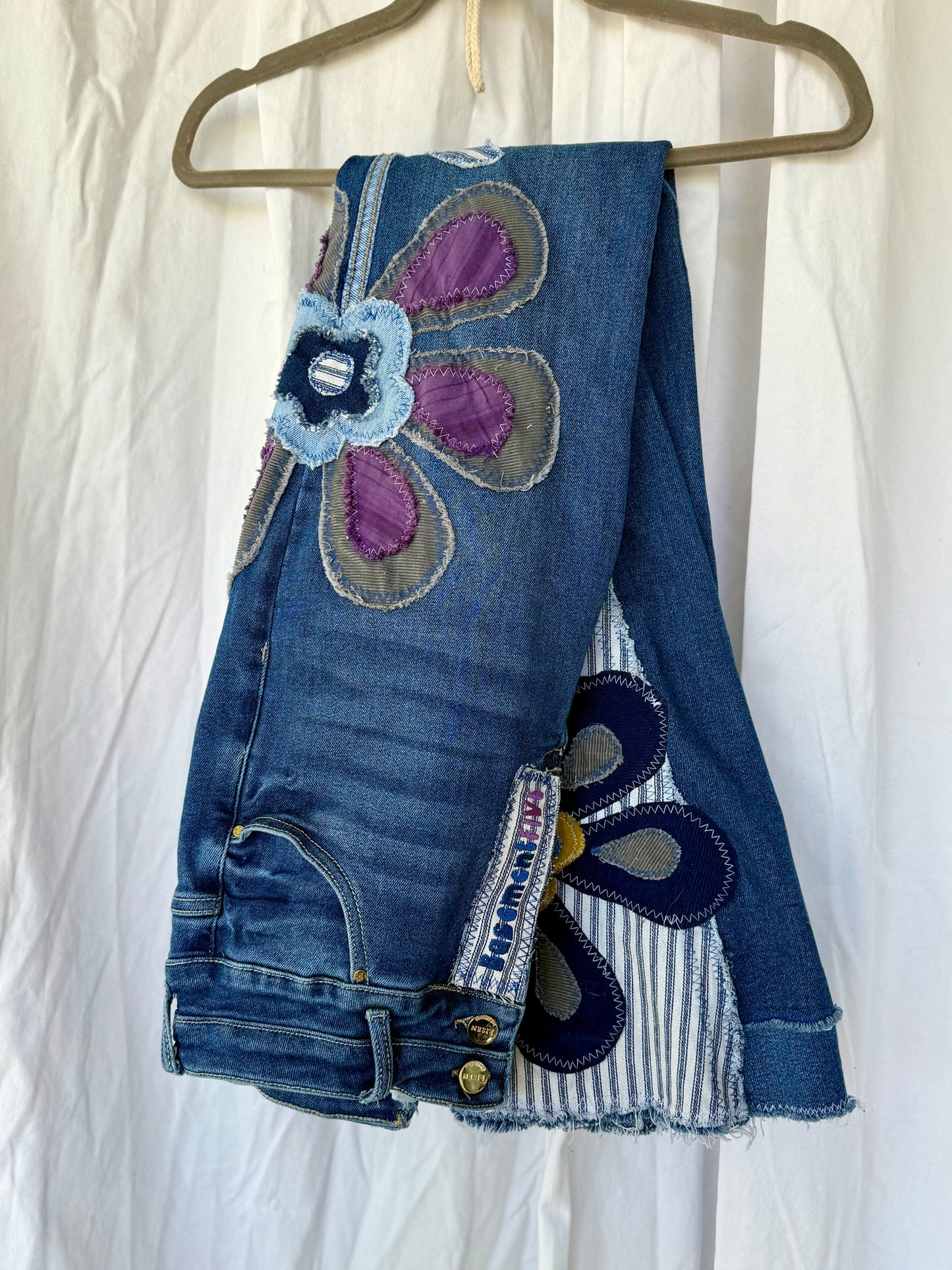 Floral Bell Bottom Jeans – Purple Petal & Stripe Design (Size 12)