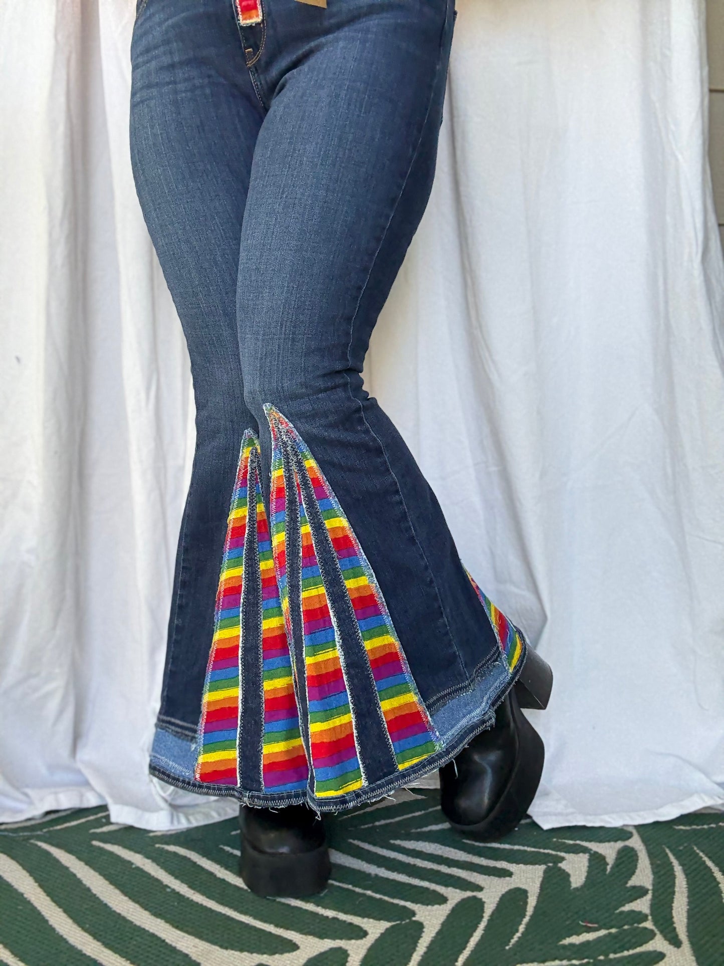 Rainbow Bell Bottom Jeans (size 10) – Bold Retro Pride Pants