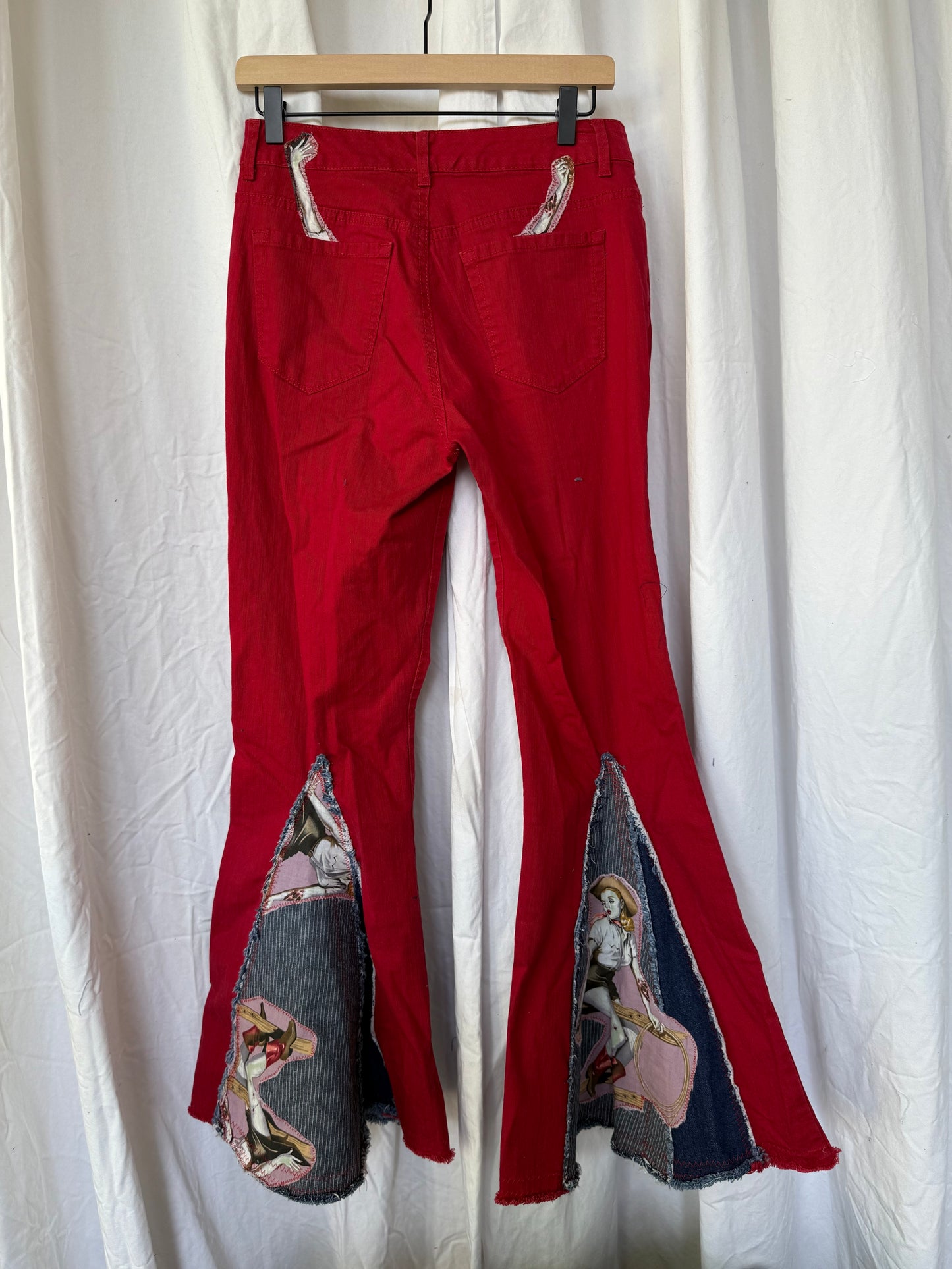 Vintage Zombie Cowgirl Upcycled Bell Bottom Jeans (size 6)– Red Western Flare Pants