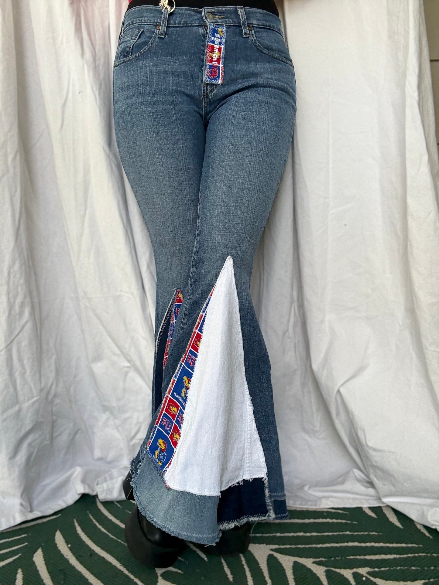 KU Jayhawks Bell Bottom Jeans (size 10)– Handmade Retro Flare