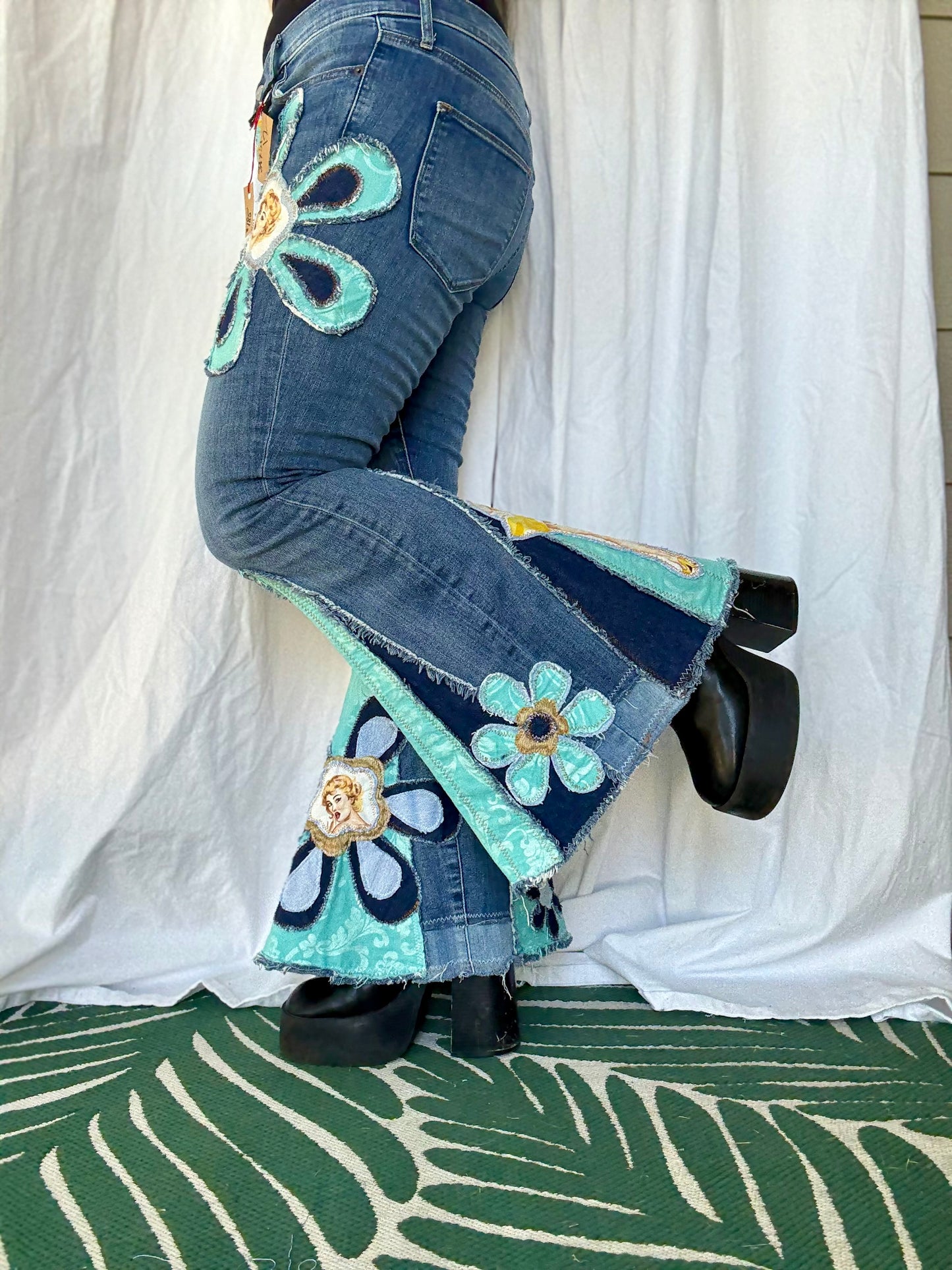 Retro Pinup Girl Flower Power Bell Bottom Jeans (size 12) – Bold Vintage Vibes