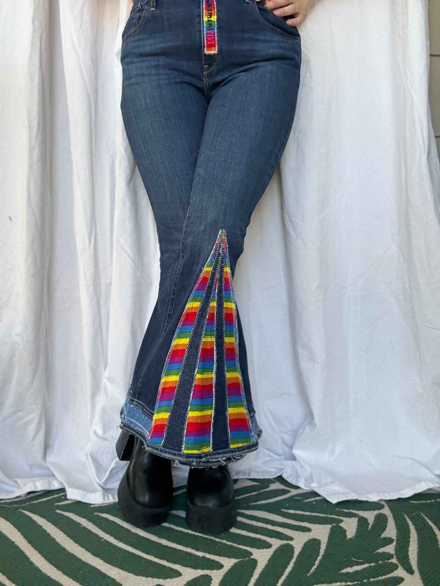 Rainbow Bell Bottom Jeans (size 10) – Bold Retro Pride Pants