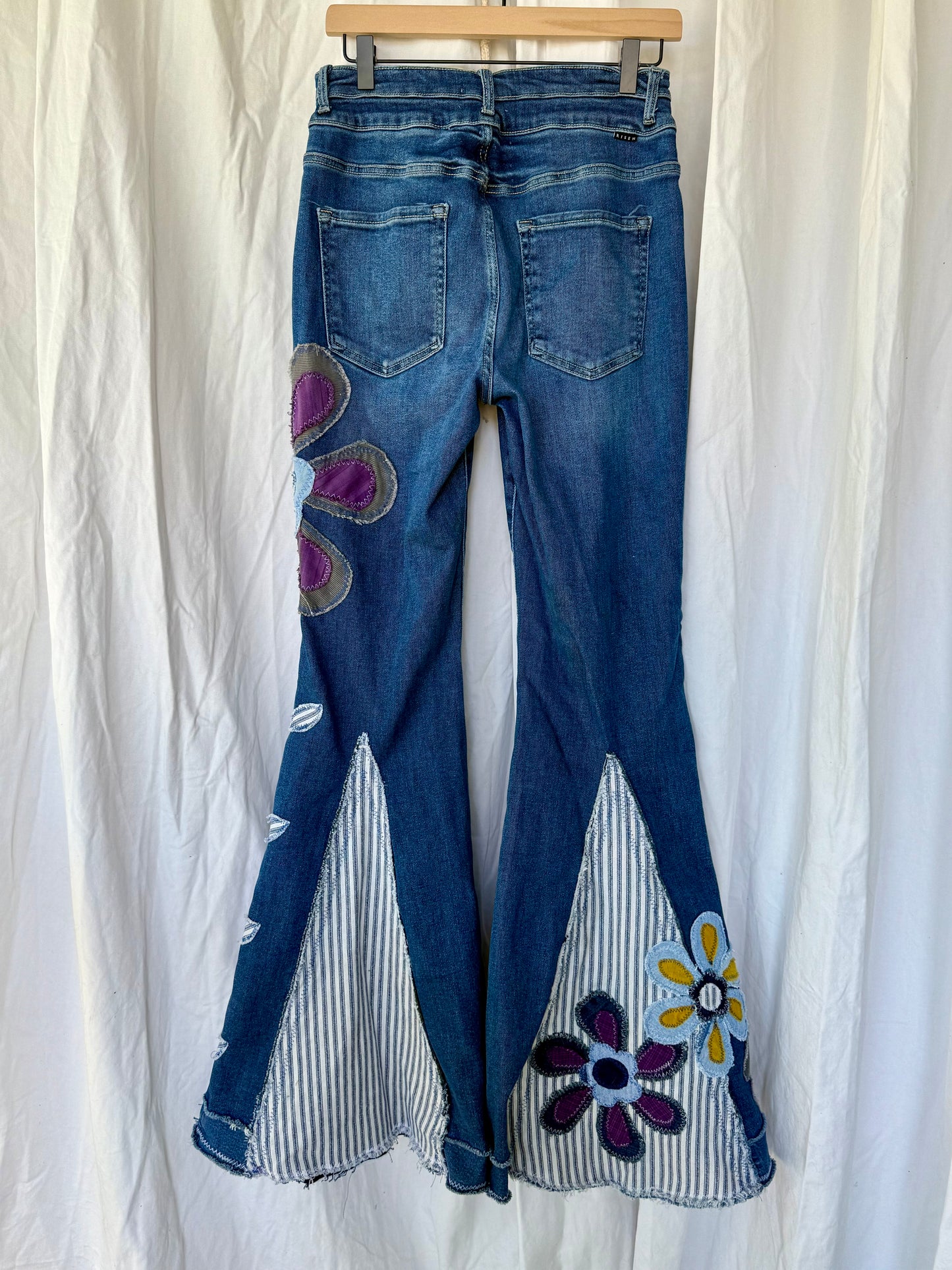 Floral Bell Bottom Jeans – Purple Petal & Stripe Design (Size 12)