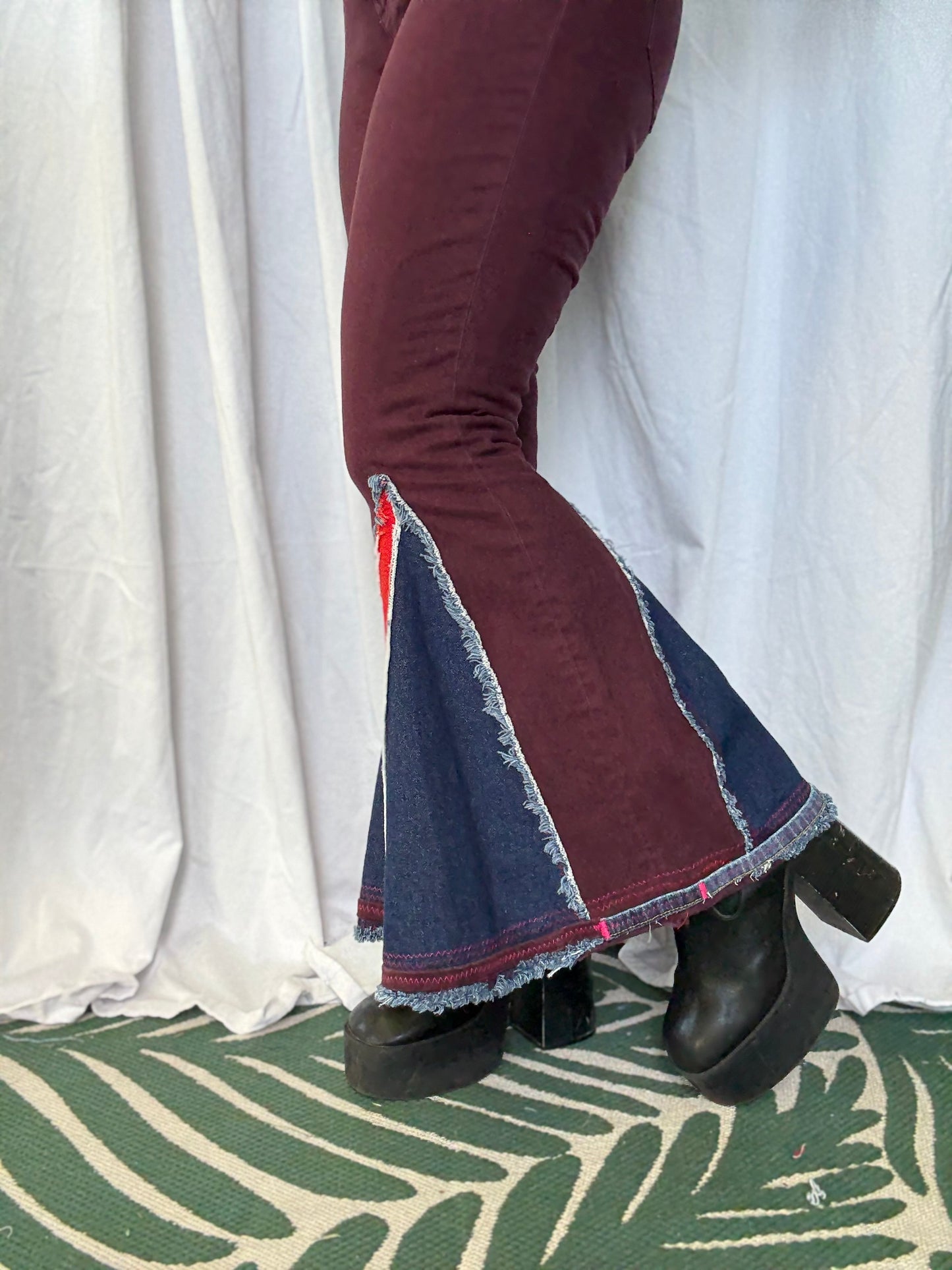 Burgundy Pin-Up Bell Bottom Jeans (size 8)– Retro Glam Statement Pants