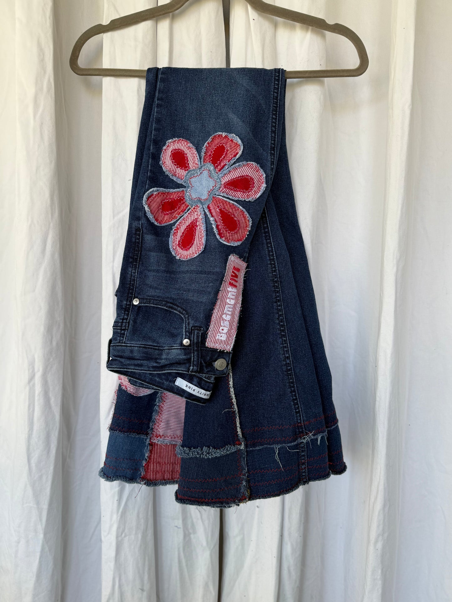 Denim Bell Bottom Jeans with Pink & Red Flower Design (size 00)