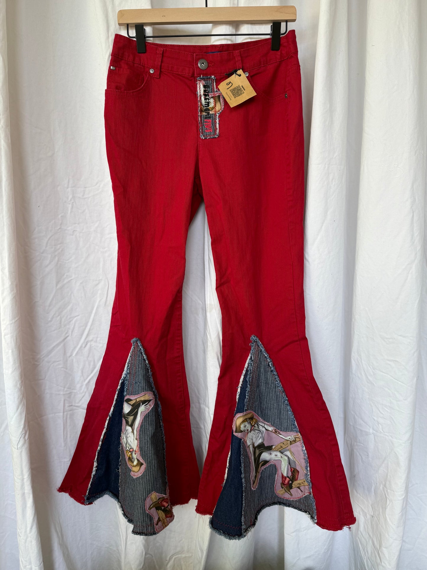 Vintage Zombie Cowgirl Upcycled Bell Bottom Jeans (size 6)– Red Western Flare Pants