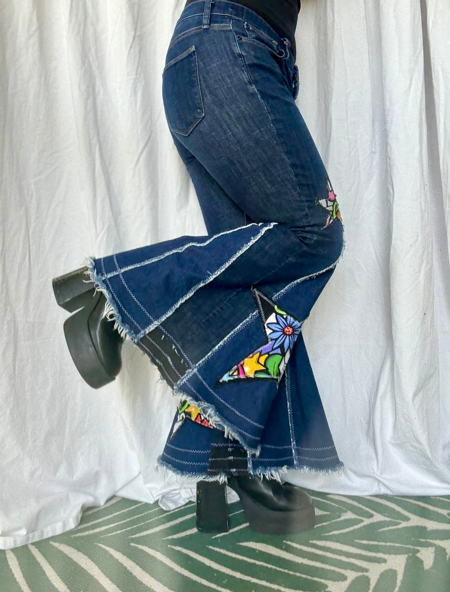 Sugar Skull Star Bell Bottoms – Upcycled Denim Statement Jeans (size 12)