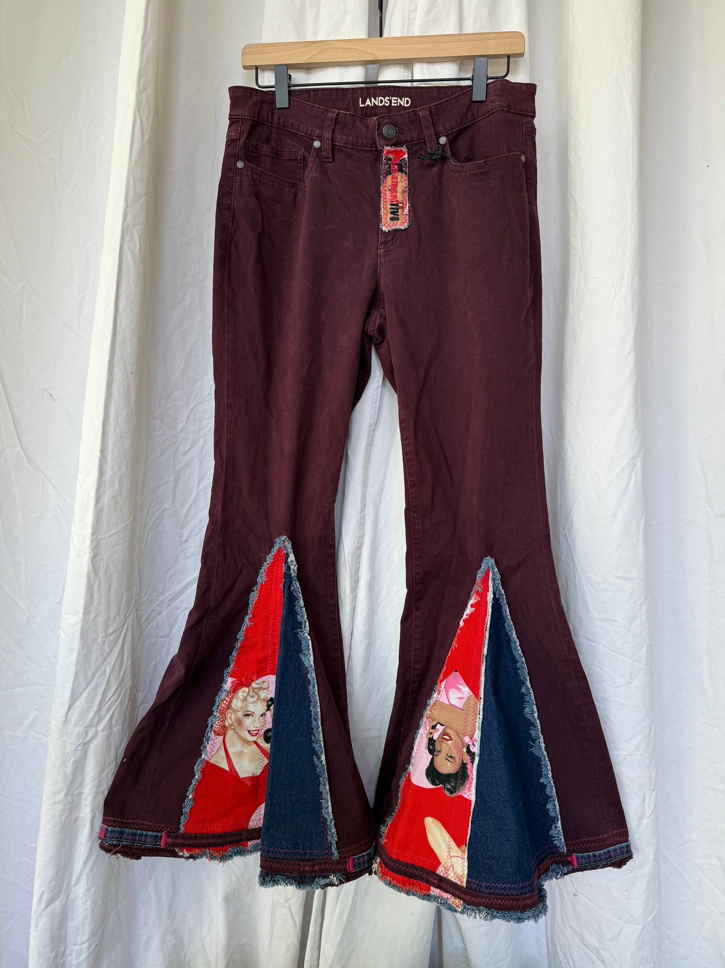 Burgundy Pin-Up Bell Bottom Jeans (size 8)– Retro Glam Statement Pants