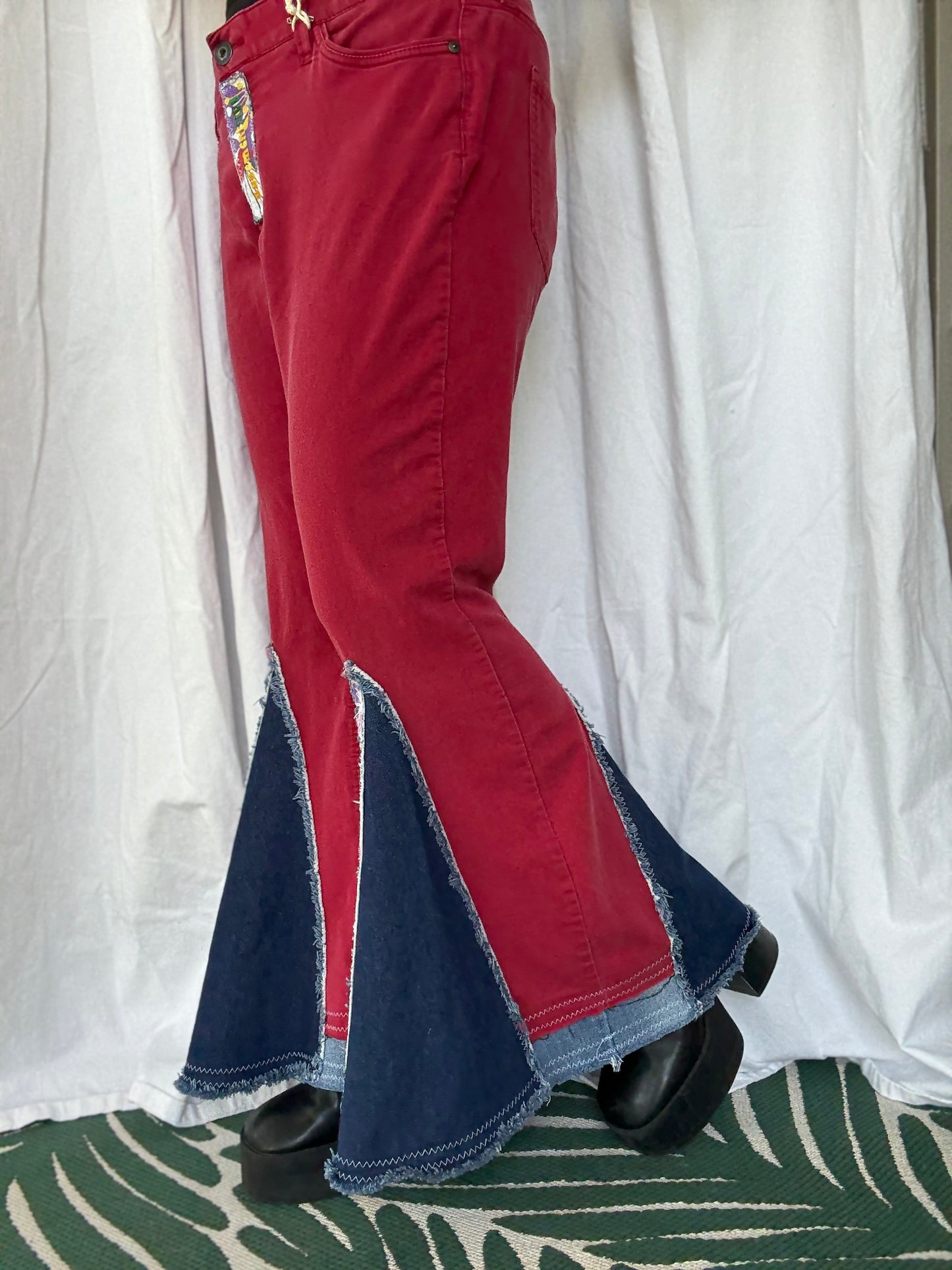 Red Bell Bottom Jeans (size 16) – Colorful Floral Patchwork Flare